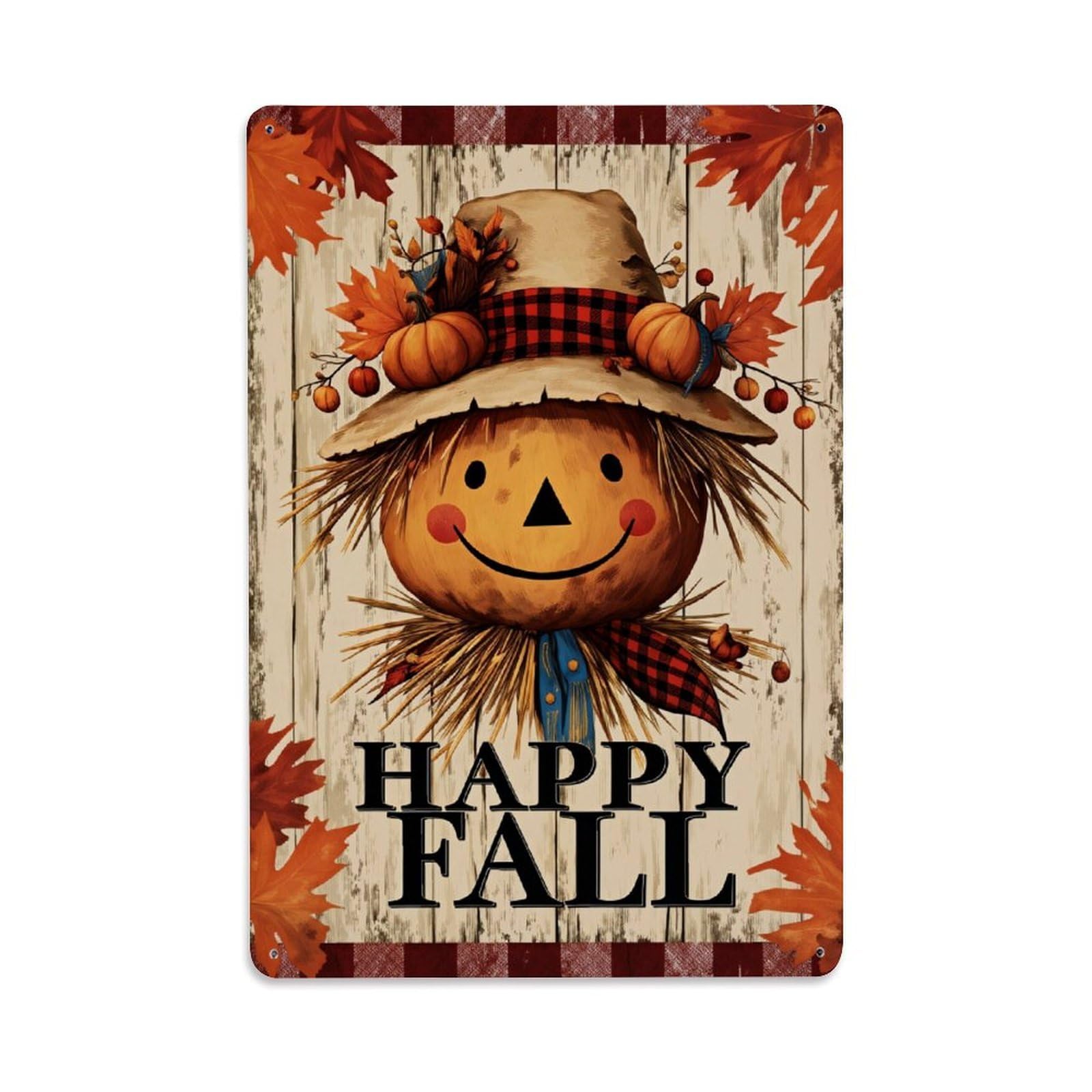 Enderetf Vintage Scarecrow Autumn Leaves Pumpkin Hat Tin Sign Metal Poster, Home Bar Garage Man Cave Cafe Indoor & Outdoor Wall Decoration 8X12inches