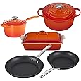 Le Creuset 8 Piece Multi-Purpose Enameled Cast Iron with SS Knobs, Stoneware, and Toughened Nonstick PRO Fry Pan Complete Cookware Set - Flame