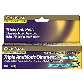 GoodSense Maximum Strength Triple Antibiotic Ointment plus Pain Relief - Soothes Painful Cuts, Scrapes and Burns, Prevents Infection, First Aid Antibiotic, External Analgesic, 1 oz