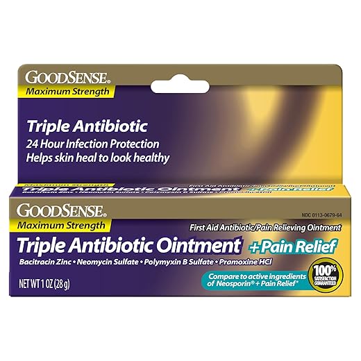 Goodsense maximum strength triple antibiotic ointment plus pain relief, soothes painful cuts, scrapes, and burns, while preventing infection, 1 ounce