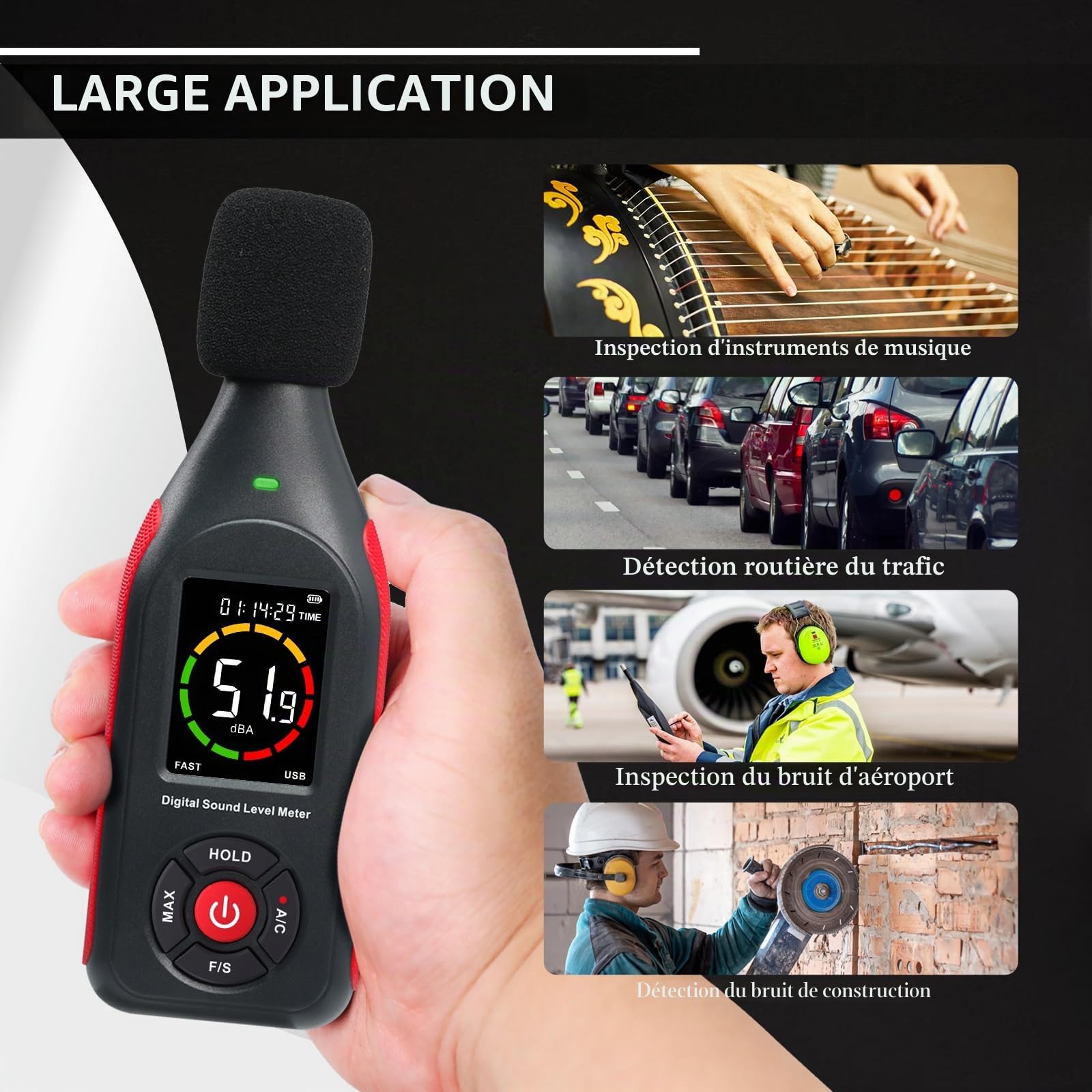 Testeur de niveau sonore avec enregistreur de données portable, sonomètre avec enregistrement de 31 000 données et exportation, sonomètre rechargeable avec sortie fréquence CA/CC, alarme 3 couleurs