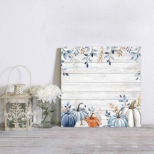 Miniatura 4 de Lienzo decorativo para pared con diseño de calabaza otoñal, diseño de calabazas de color azul, blanco y naranja degradado, grano de madera rústica,