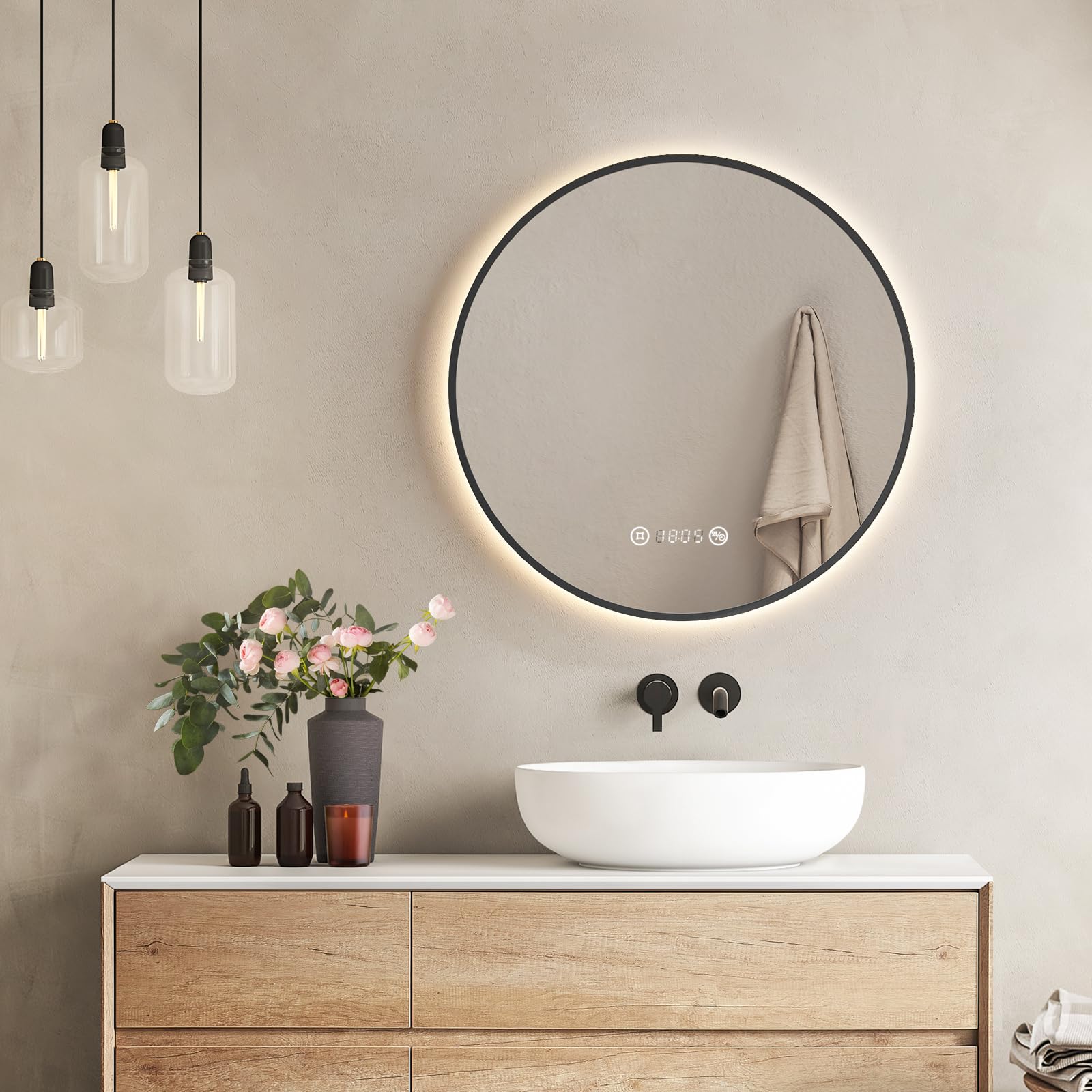 EMKE Espejo LED Redondo de Baño, ø60cm,Marco Negro, antiempañante, con visualización de Hora y Temperatura, luz Neutra, Intensidad Ajustable, Espejo de baño con iluminación, IP44