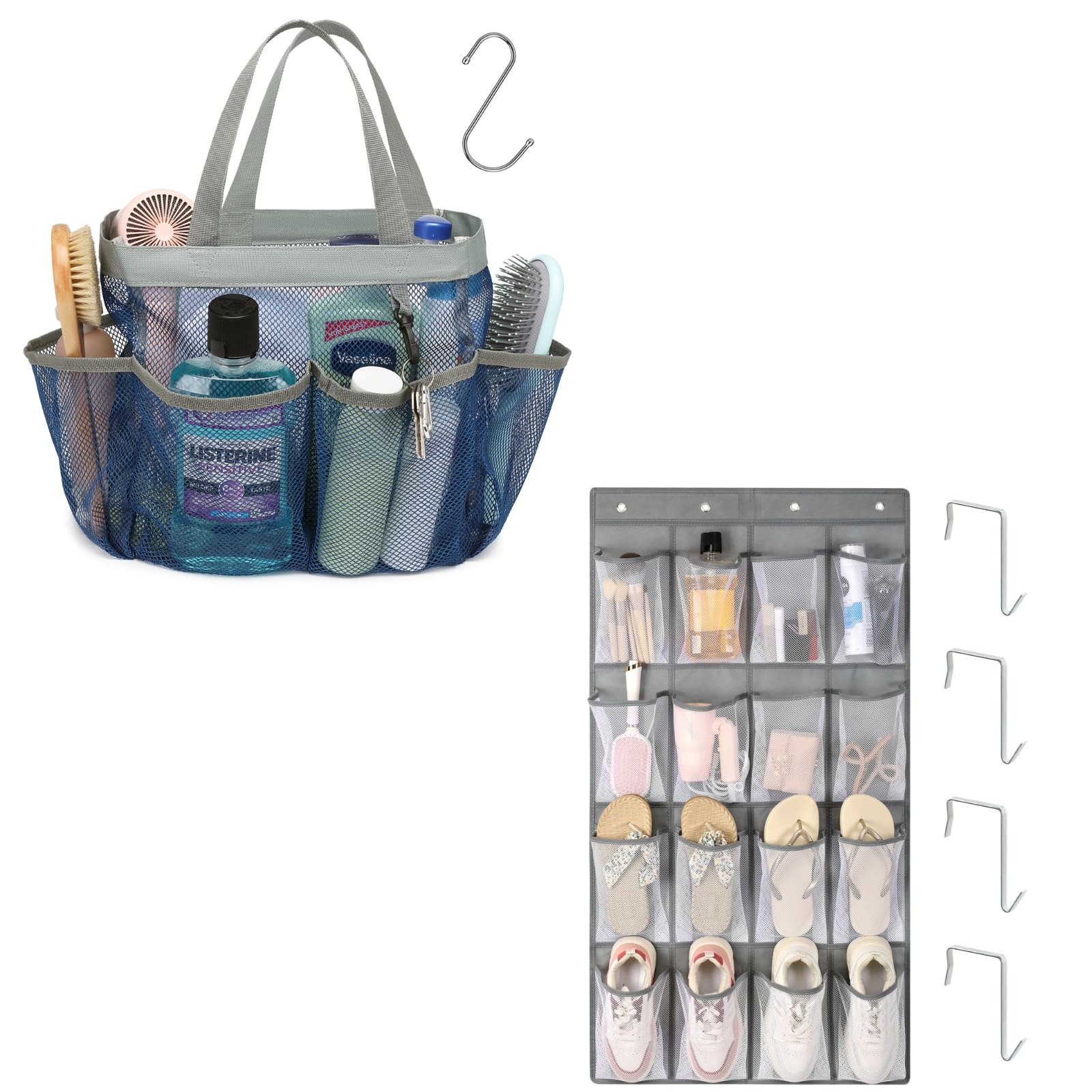 F-color Mesh Shower Caddy Portable Blue Bundle and Shoe Organizer for Cruise Ship Essentials Grey
