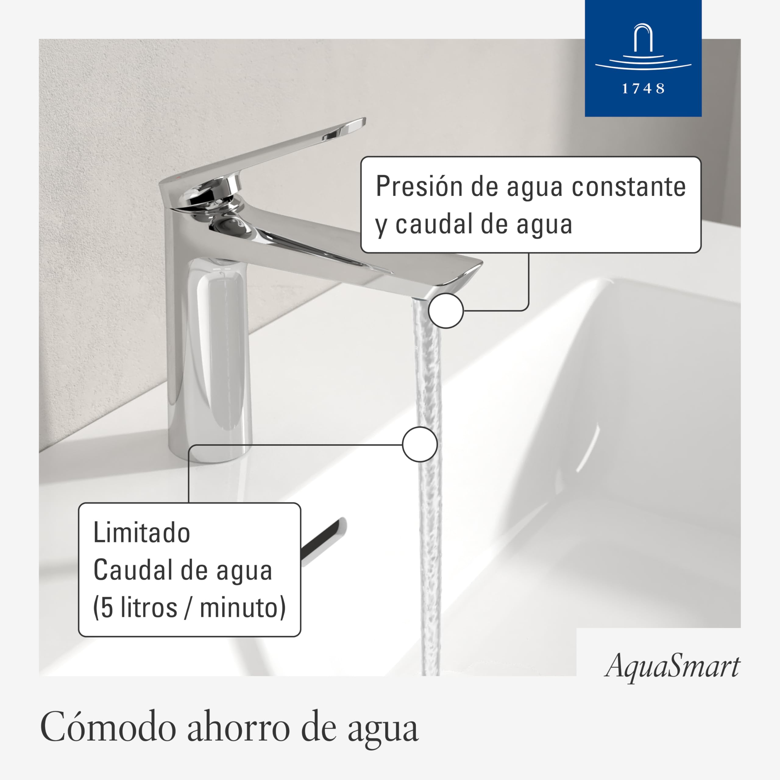 Villeroy & Boch Oasis grifo de lavabo sin mecanismo de desagüe - Grifo de bajo consumo con cartucho cerámico - Grifo de baño - Altura de caño de 114 mm - Grifo redondo cromado | Sin residuos emergentes, ahorro de agua, cartucho de cerámica, diseño redondo