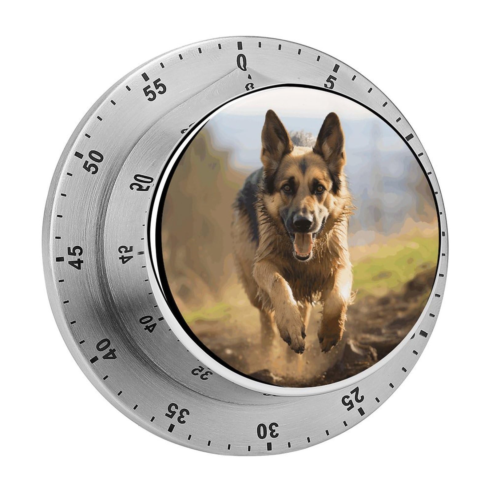 Running German Shepherd Dog Mechanical Kitchen Timer, Magnetic Stainless Steel Countdown Timer, Loud Alarm Cooking Timer for Baking, Cooking, Fitness, Classroom, No Battery Needed