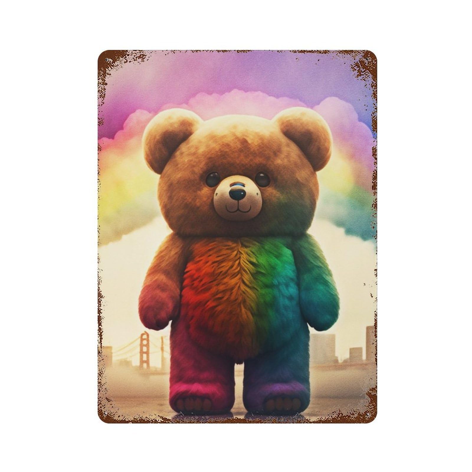 Garage Style Teddy Bear Rust Effect Tin Sign 15.7"x11.8", Industrial Home Decor for Bar And Workshop