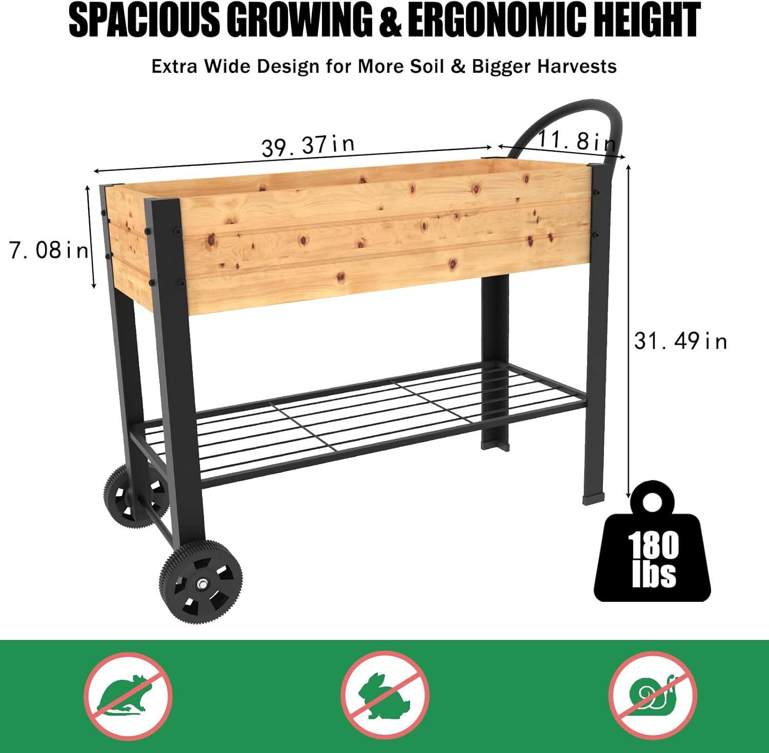 aboxoo Wooden＆Metal Large Planter Raised Beds with Legs Outdoor Planter Box on Wheels Elevated Garden Bed for Vegetables Flower Herb Patio (43" L x 12" W x 31.5" H)