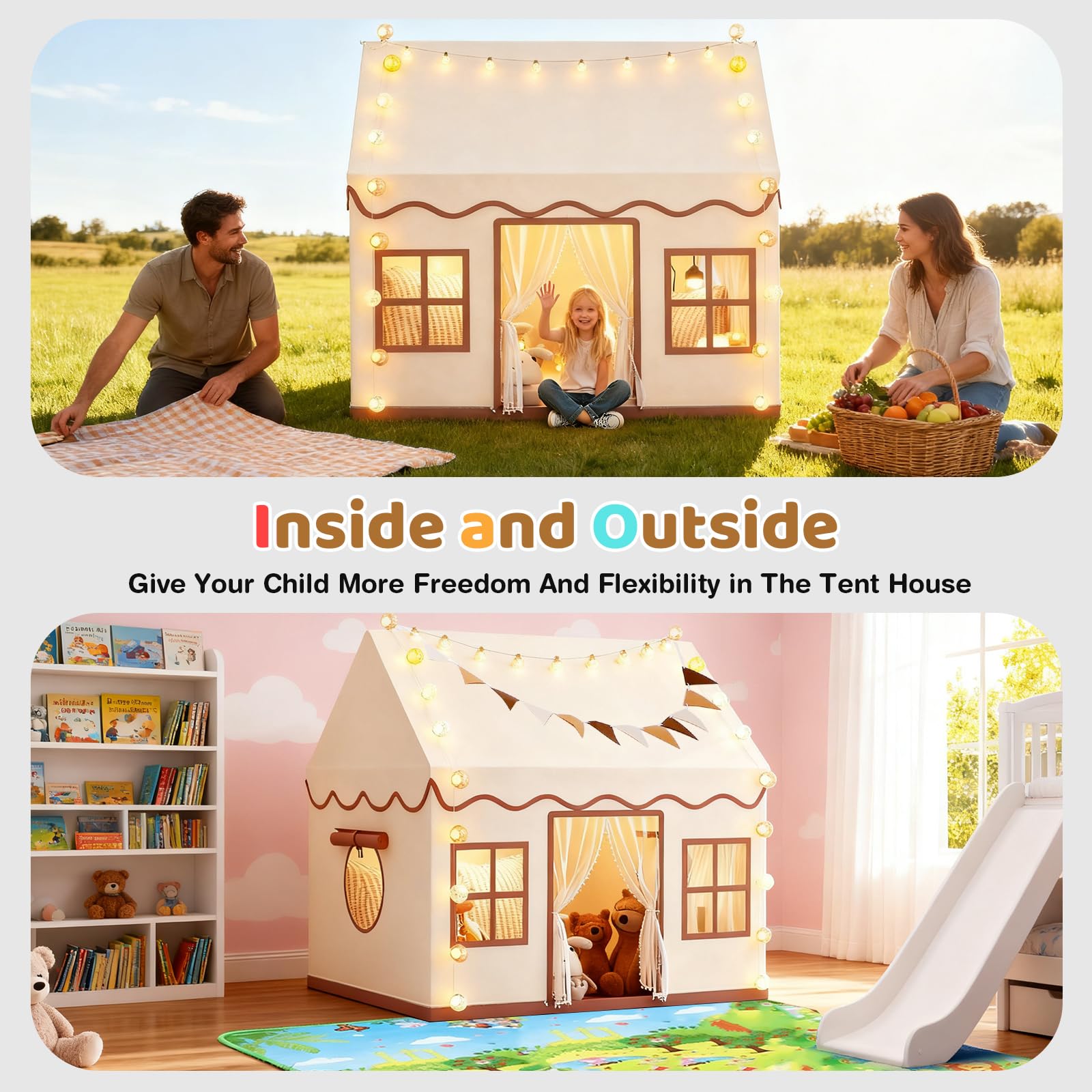 Spielzelte, Kinderzelt Indoor mit LED Lichtern, 125x95x130cm, Geräumiges Spielhaus für Jungen Mädchen ab 3 Jahren mit Weicher Matte & Sternenflagge, ideal für Rollenspiele, Lesen und Verstecken
