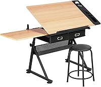 Yaheetech Adjustable Height Drafting Table w/ Tilting Top, 2 Drawers, Stool - Artist Desk for Sketching & Home Office
