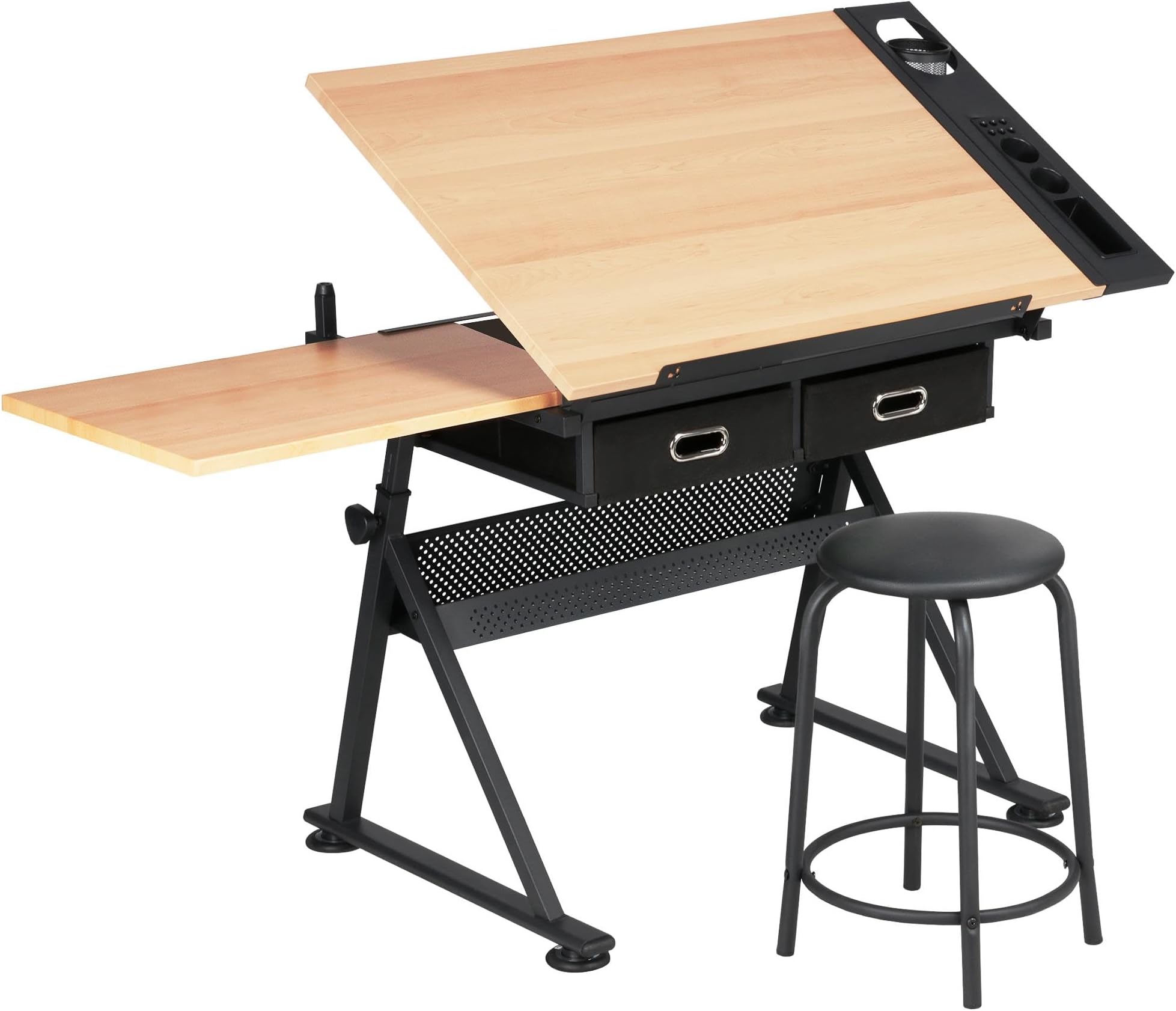 Height Adjustable Drafting Table Drawing Table Artist Desk Tilting Tabletop Art Craft Desk Watercolor Paintings Sketching Work Station w/2 Storage Drawers and Stool for Home Office
