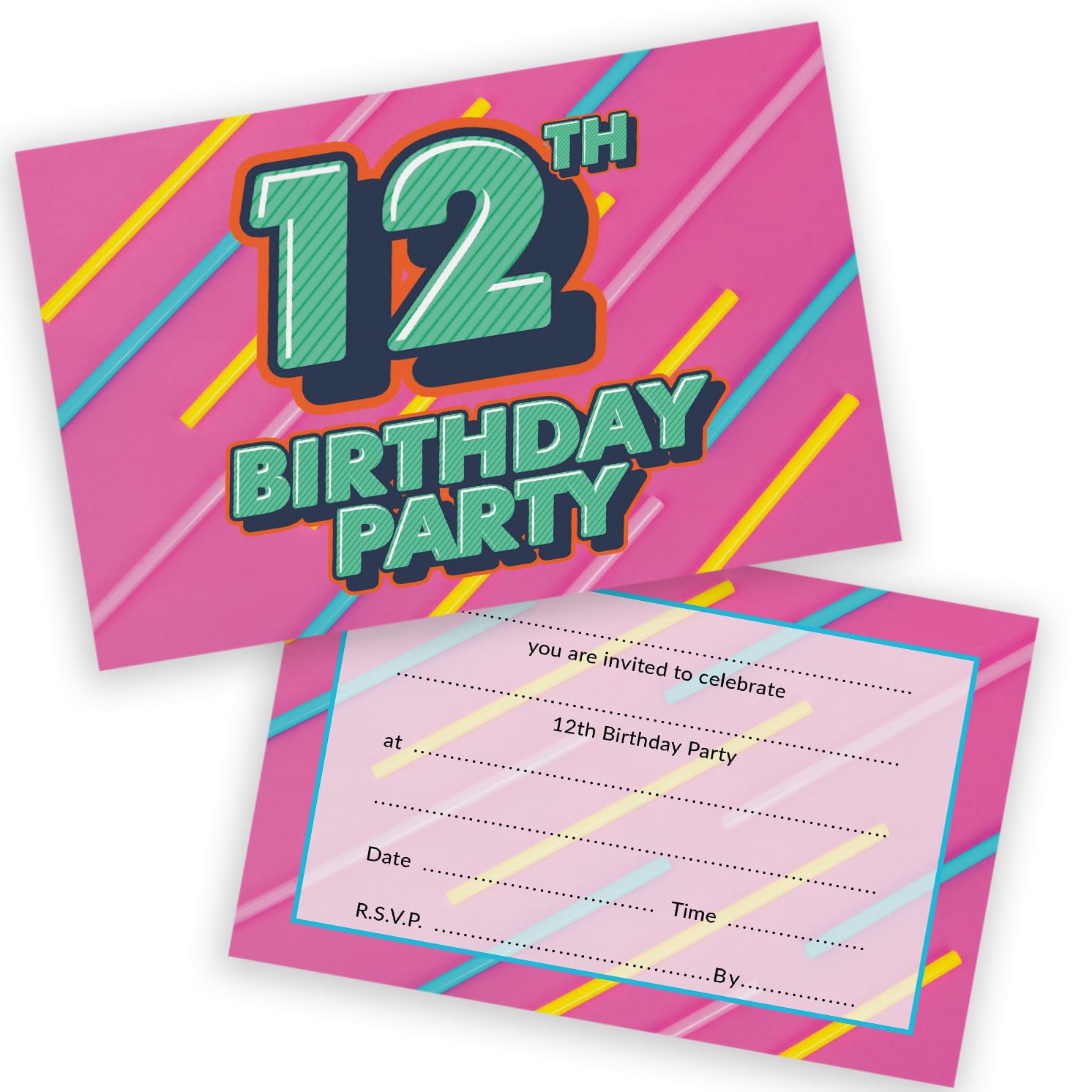 12th Birthday Party Invitations Kids - Funky Colours 36 Pack - Childrens Birthday Invitations for Boys/Girls A6 Bday Party Invites Invitation Cards with Folding Envelopes