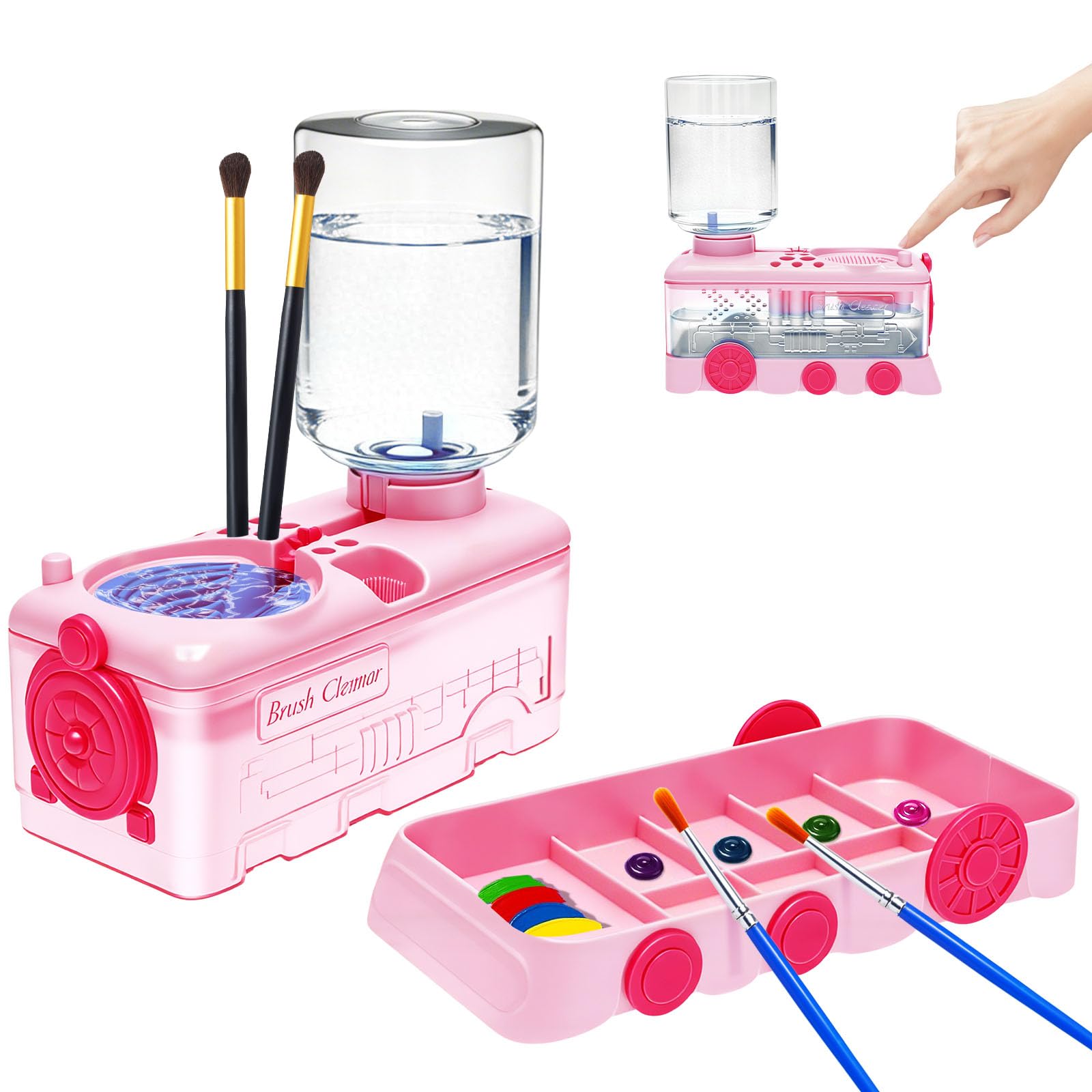 Kouisyy Pink Paint Brush Cleaner With Water Circulation, Upgraded Abs Paintbrush Rinser With 9-Well Palette, 9 Brush Holders, Portable Leak-Proof Art Supplies Rinsing Station Washer For Beginners Artists