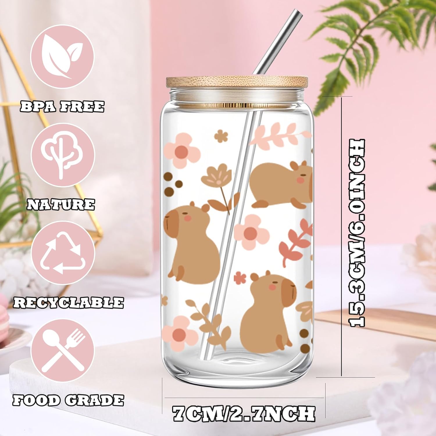 DHQH 2PCS Capybara Gifts for Women, Capybara Stuff Glass Cups with Lids and Straws, Flower Ice Coffee Cup Gifts Set for Sister Nurse Mom Birthday Christmas Gift - Image 2