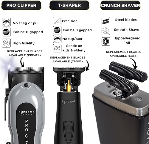 Miniatura 3 de Supreme Trimmer Paquete de peluquero 3 en 1  Pro Clipper Lite, DLC T-Shaper Trimmer & Crunch Foil Shaver  Kit profesional de recortadora de barba
