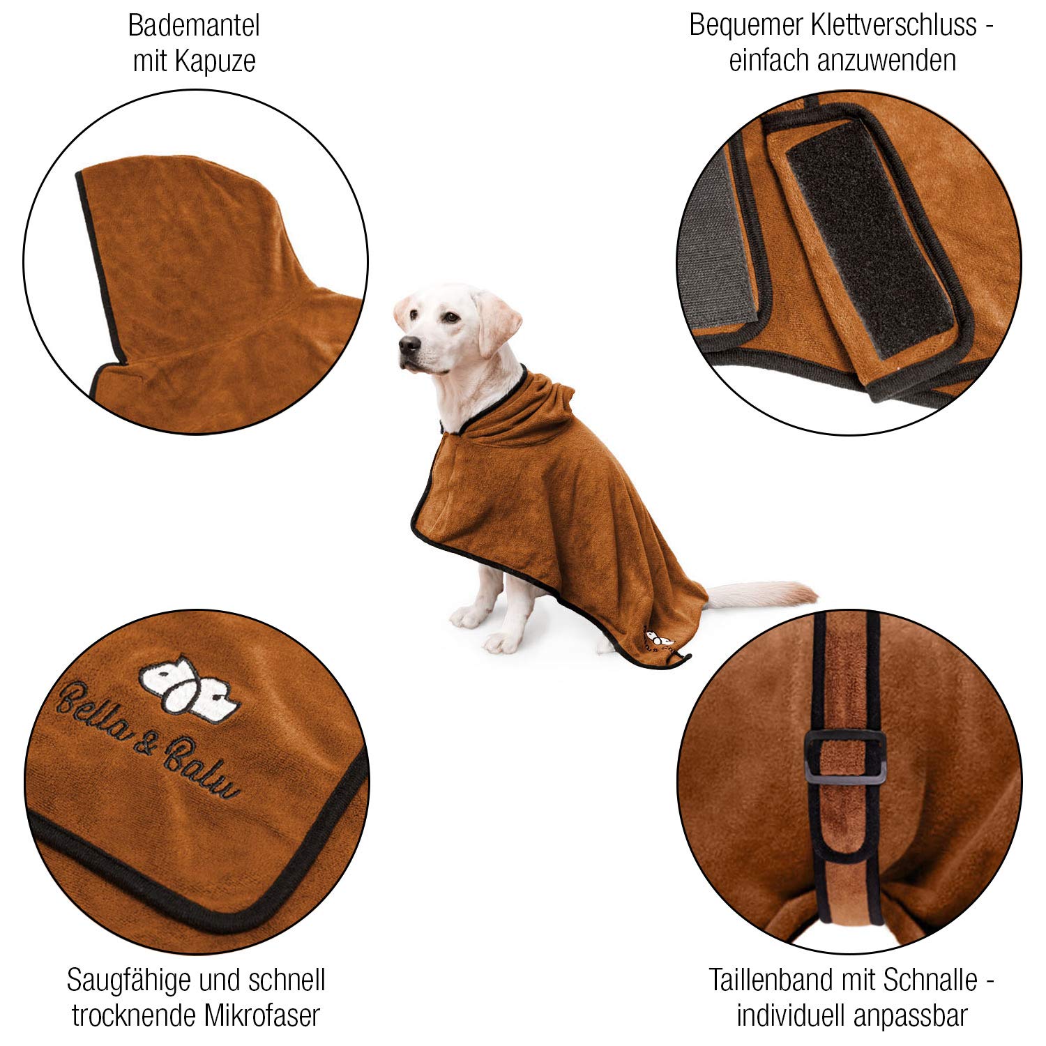 Bella & Balu Accappatoio per cani (M Blu) - Accappatoio per cani in microfibra con cappuccio e cintura regolabile per asciugare il cane dopo il bagno, in spiaggia o dopo la pioggia, microcamera spia