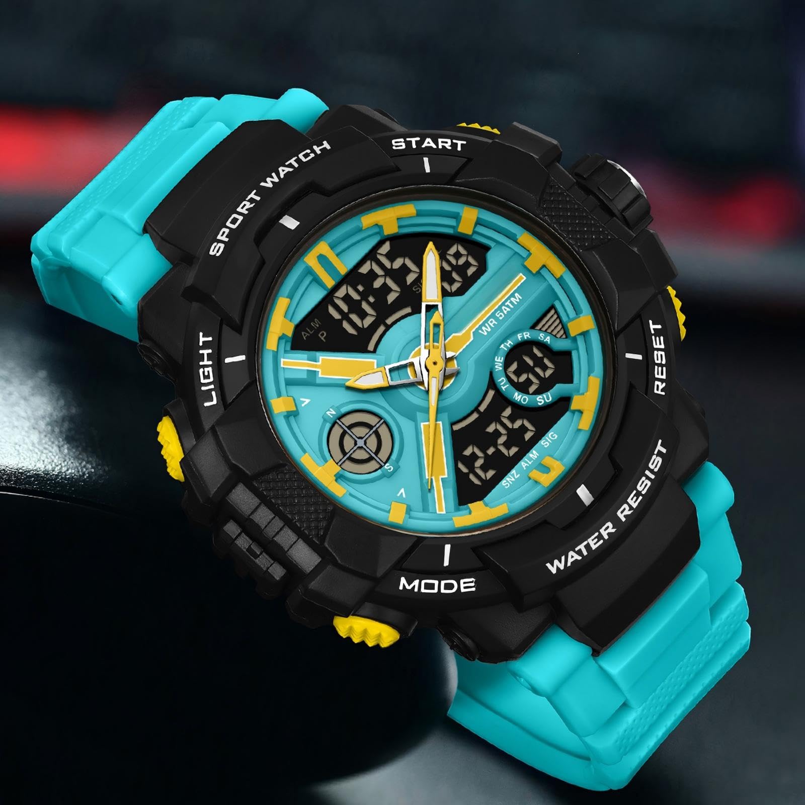 Relojes coloridos para hombre, para deportes al aire libre, resistente al agua, con alarma LED, fecha, doble dial y cronómetro