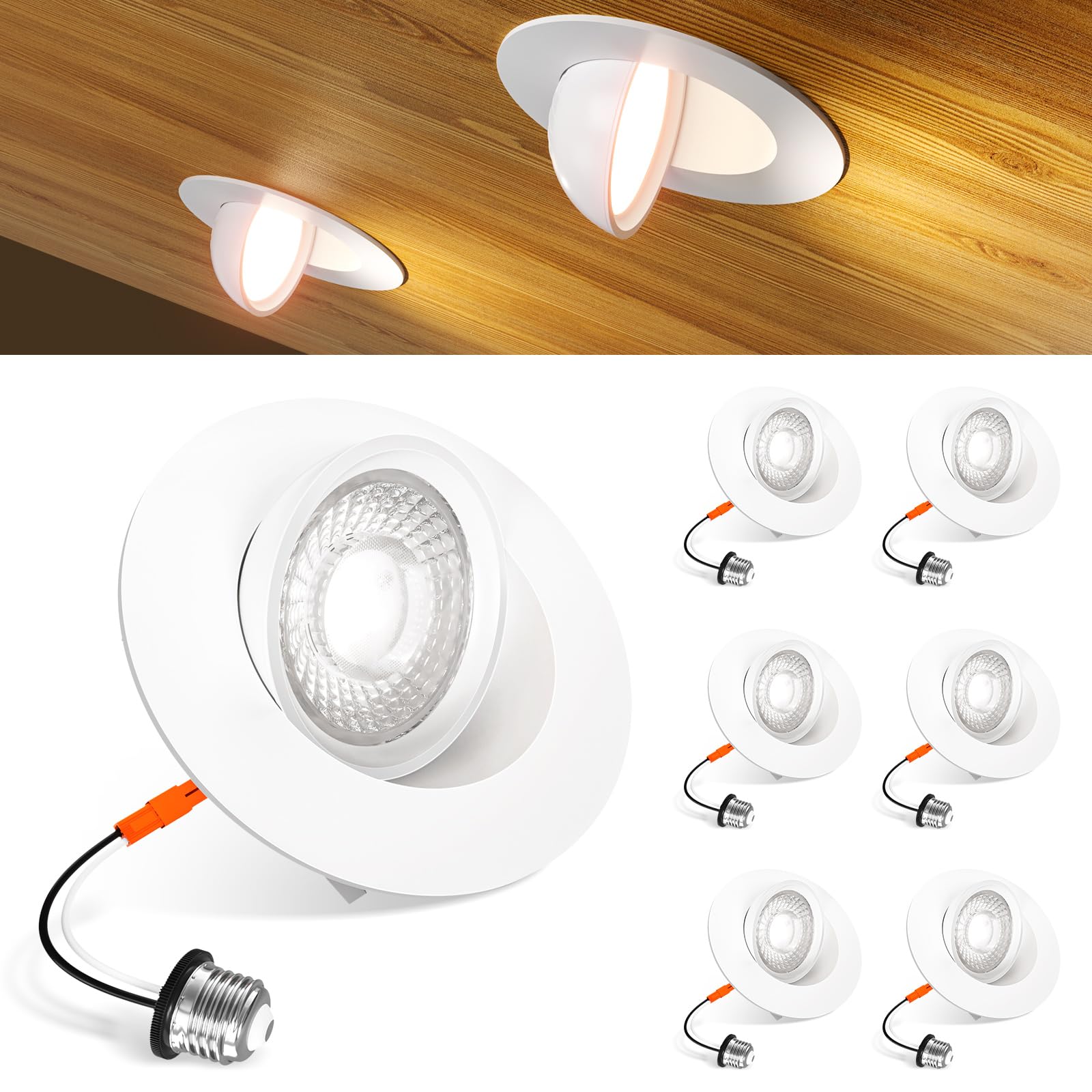 Amico 6 Pack 4 Inch Eyeball Gimbal Retrofit Can Lights, 90