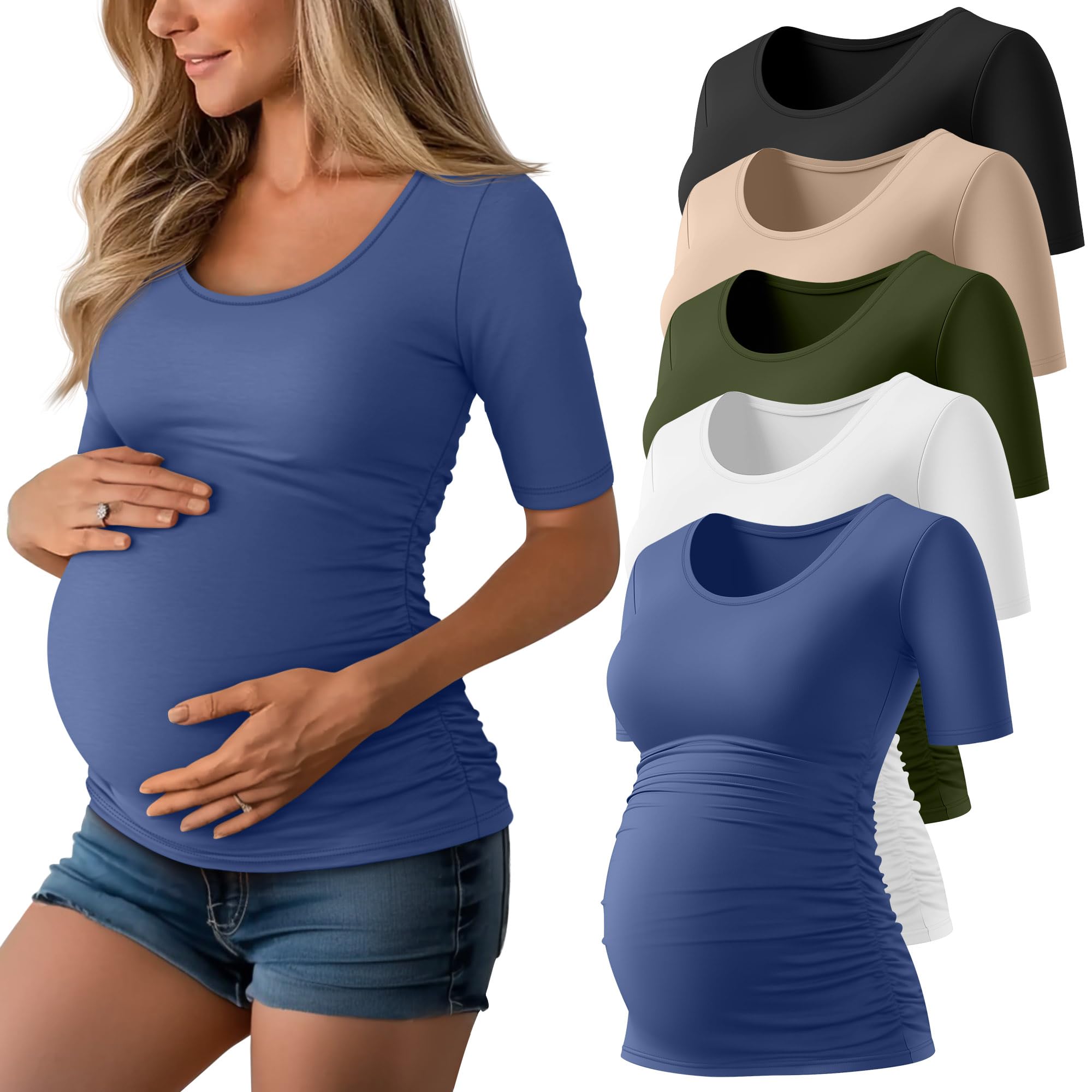 Sweetyweee 5 Pack Women's Maternity Shirts, Scoop Neck Maternity Top Casual Half Sleeve Tee Side Ruched Pregnancy Clothes