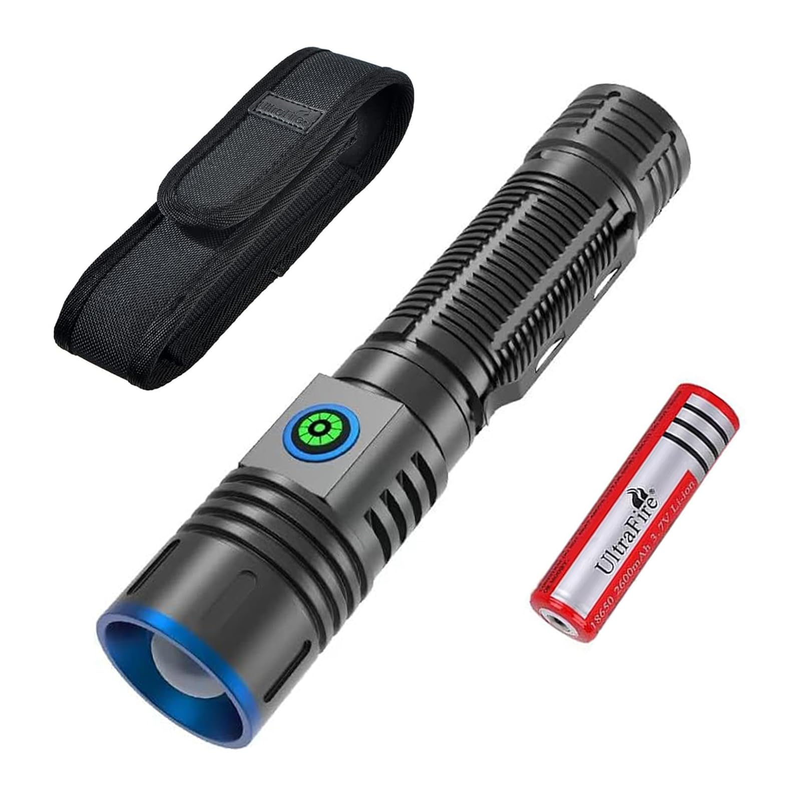 ULTRAFIRERechargeable Tactical Torch with Holster, 2000 High Lumen Super Bright LED Torch with Rechargeable Battery, Zoomable 5 Modes Small Portable Flashlight
