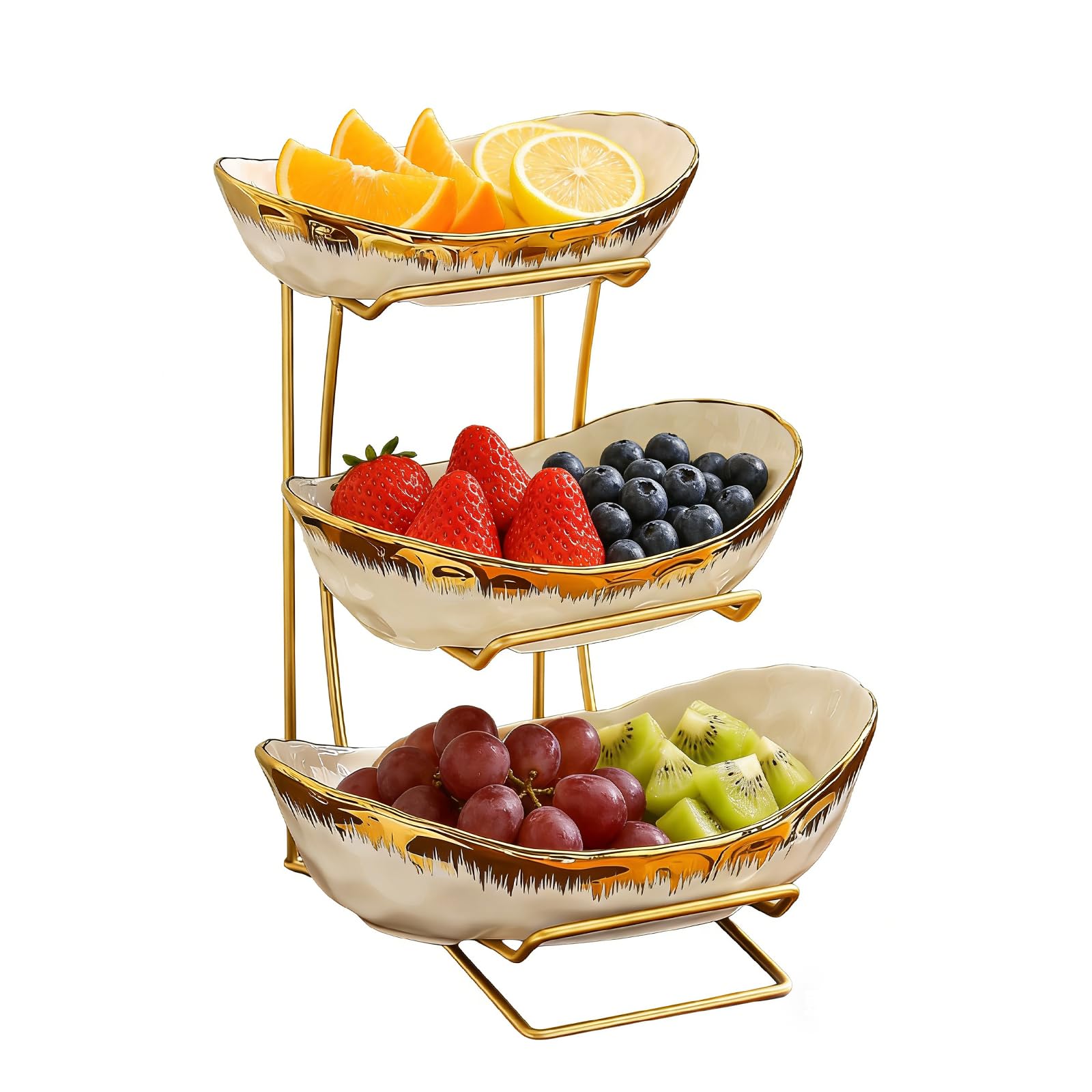 SHEBUYLLI Fruit Bowl, Ceramic Fruit Baskets for Kitchens Large Serving Bowls with Stand Food Serving Tray for Party, Weddings, Snacks, Dessert (#005Gold)