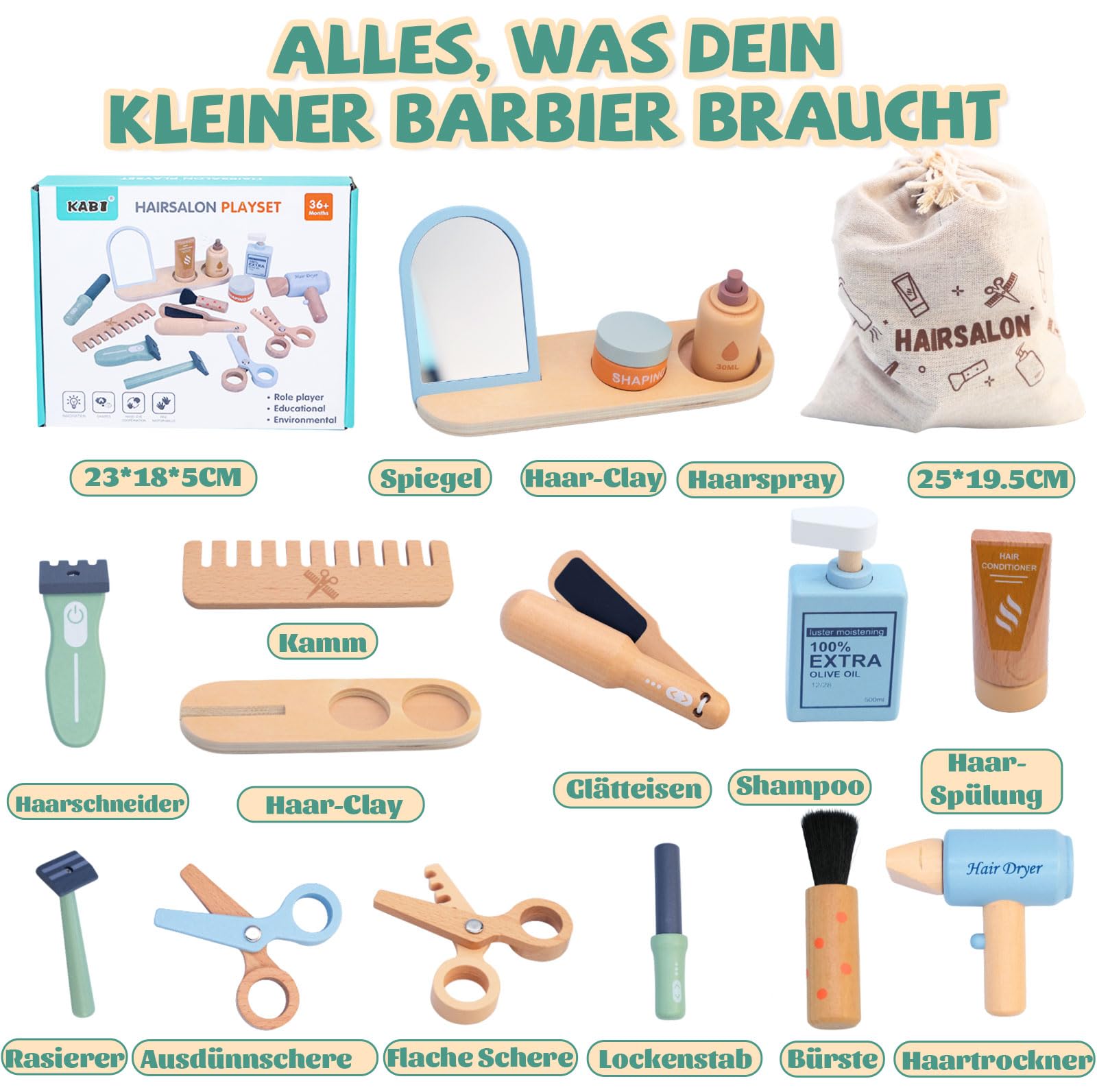 Holz Friseurkoffer Set für Mädchen – Kinder Spielzeug Geschenk Friseur Werkzeugkoffer mit Glätteisen Kamm Spiegel und Styling-Zubehör Beauty Make-up-Spielzeug Friseur Rollenspiel für Kinder