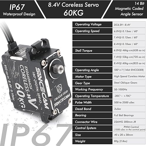 Miniatura 4 de Servo de 132.3 lbs a prueba de agua de alto par sin núcleo 8.4 V programable digital 180  Servo de dirección todos los engranajes oblicuos de acero