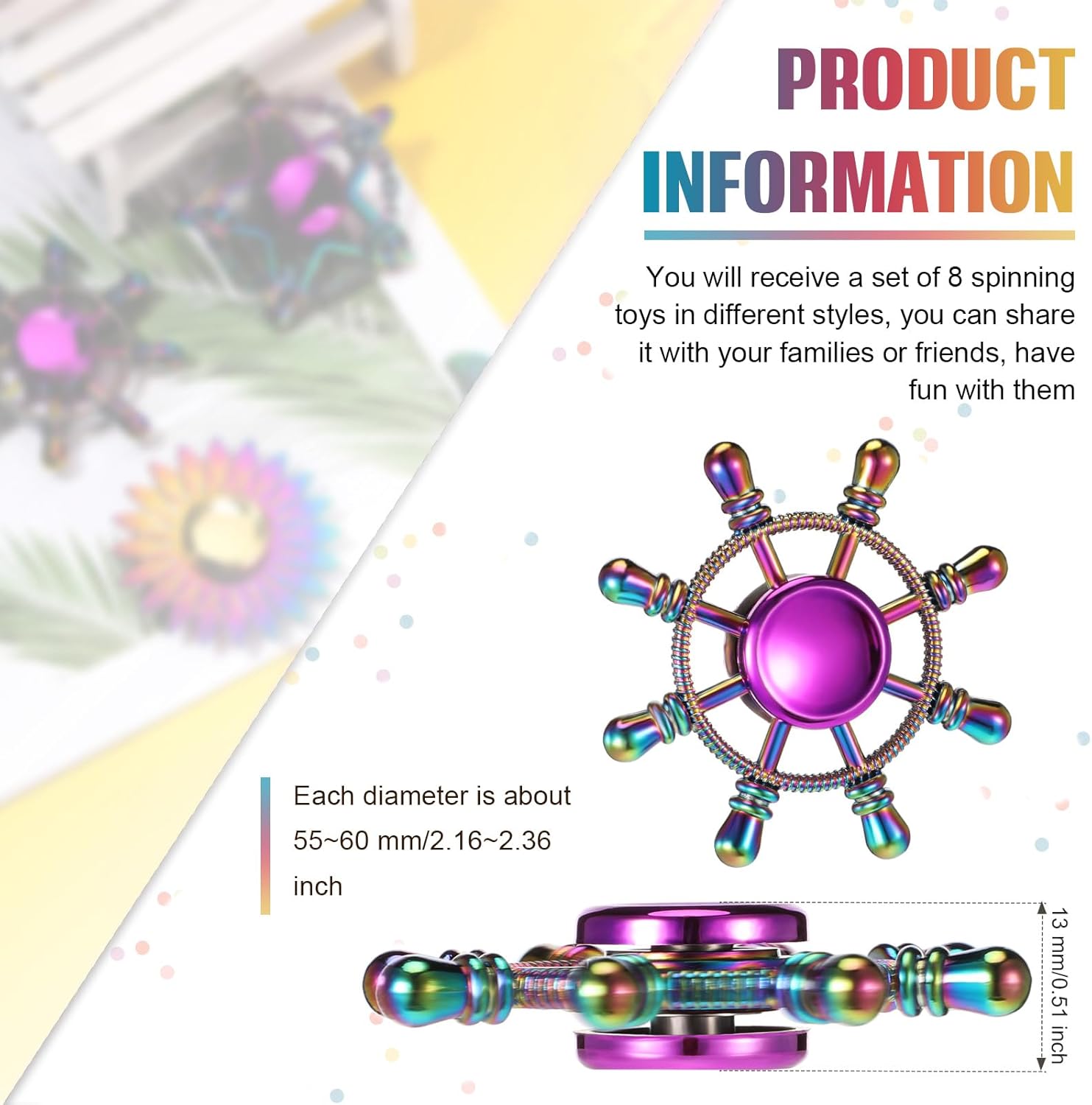 Lewtemi 8 Pieces Rainbow Metal Spinner Cool Finger Spinners High Speed Hand for Stress Anxiety Relief Gift for Adults and Teens(Cool Style)