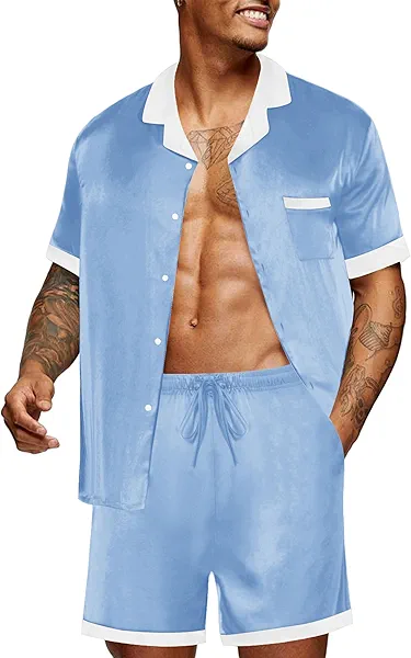 Ekouaer Men Satin Silk Pajamas Set with Pockets Sleepwear Shorts Satin Summer Loungewear 2 Piece Button Down Set S-3XL