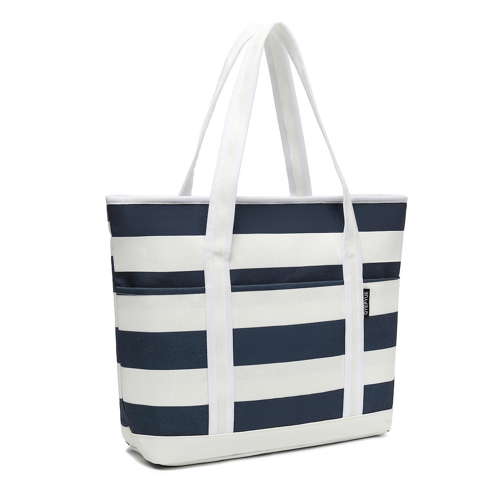Large Canvas Tote Bag for Women, Beach Bag with Zipper, Utility Tote Bag with 3 Front Pockets, Weekender Pool Bag Blue Stripe