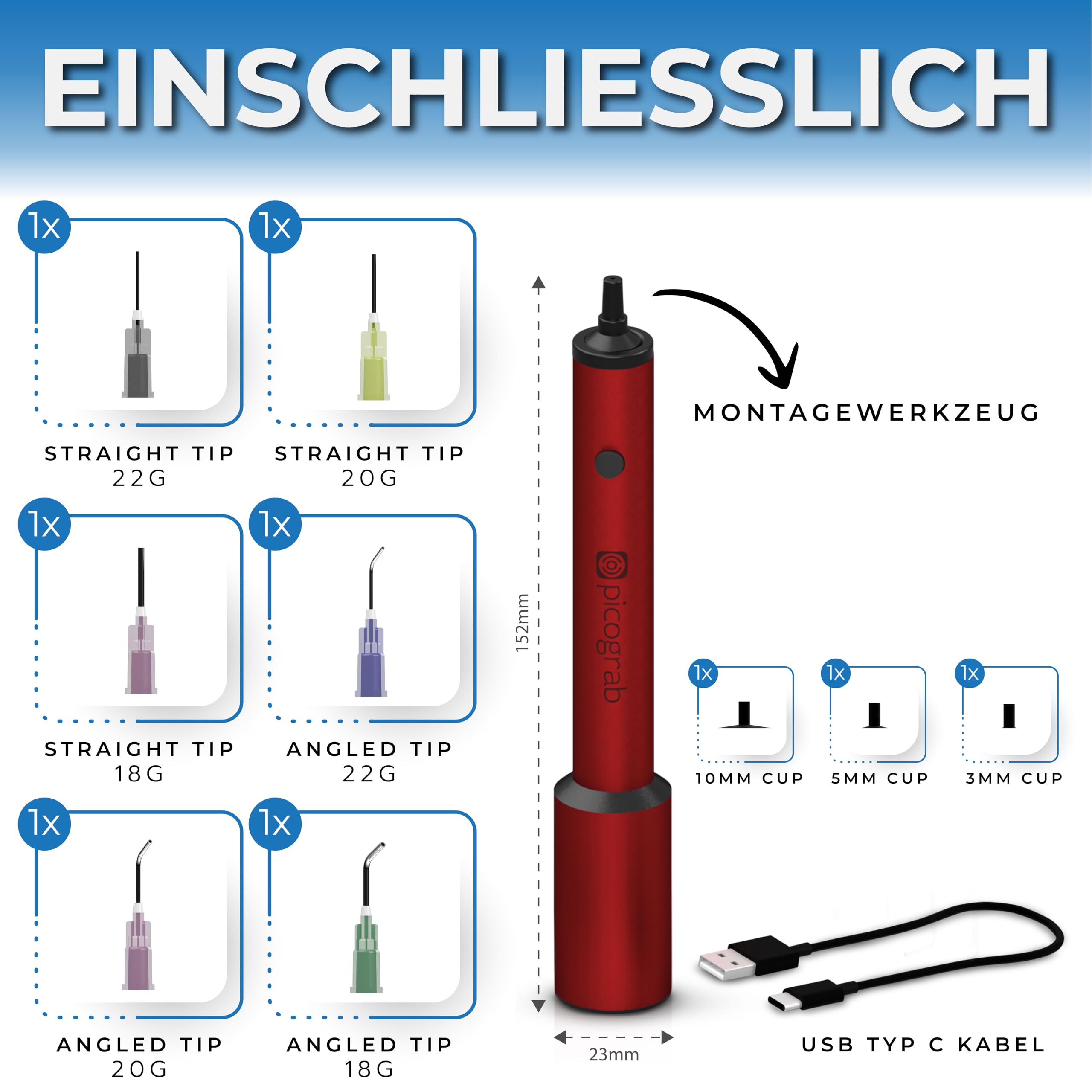 Wiederaufladbarer ESD Vakuum Pickup Stift für IC Bauteilbestückung und SMD Chip Rework, mit 3 Saugnäpfen, 6 austauschbaren Düsen, Aluminiumgehäuse, USB-C-Anschluss und bis zu 10 Stunden Akkulaufzeit