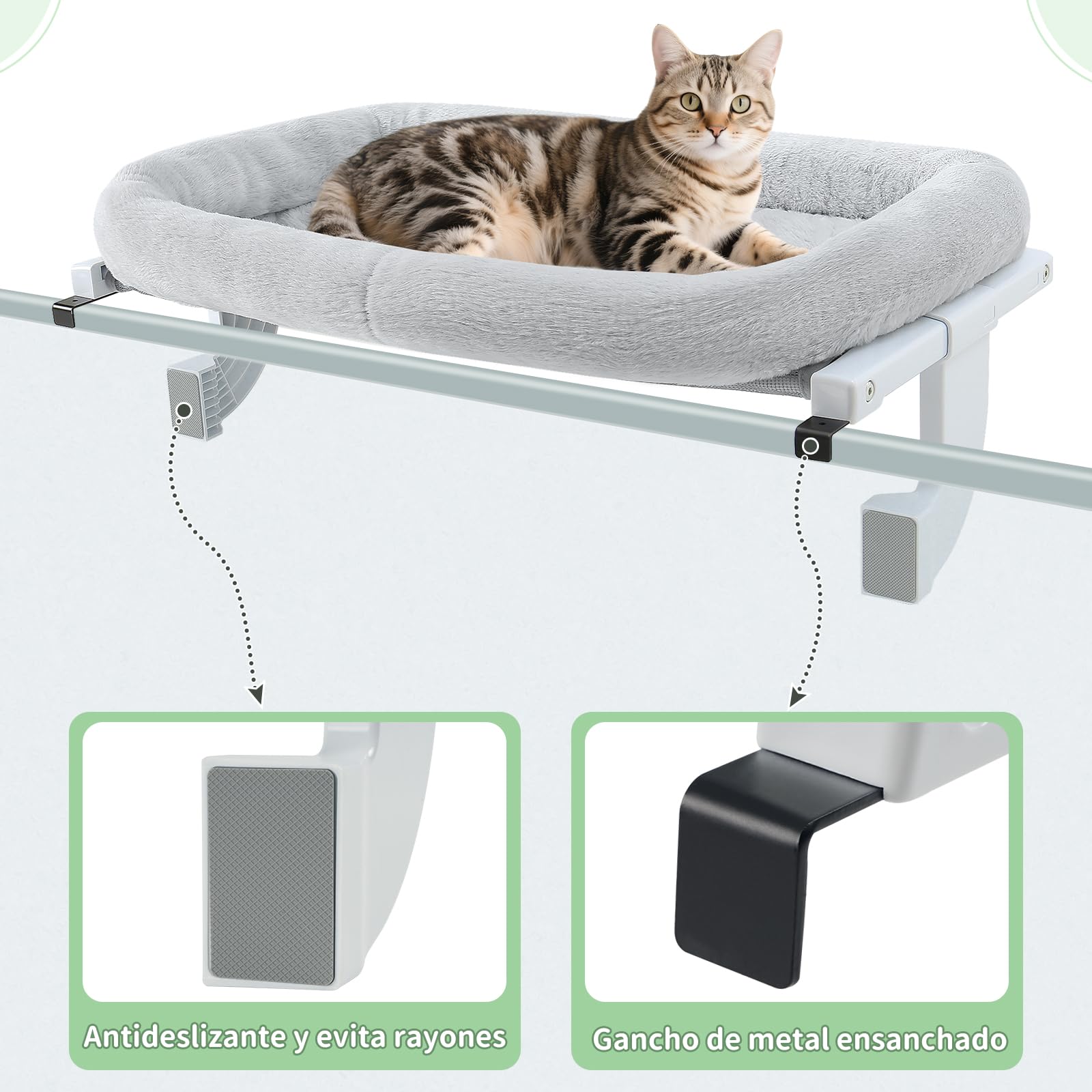 GUUSII HOME Hamaca Cama Gato Ventana para Gatos Camita Amaca Colgante Interior Gatito Grande Ajustable Sin Taladros ni Ventosas Fácil de Montar y Mover Soporta hasta 18kg(Gris,M)