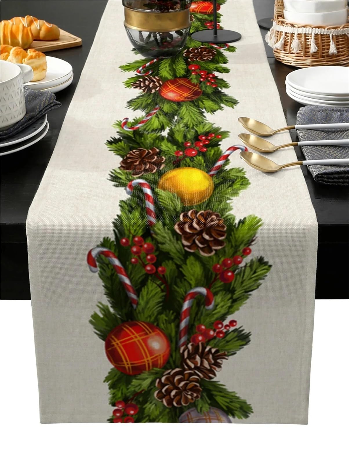 Chemin de table lin Noël anti-plis, décoration table à manger chic 180cm