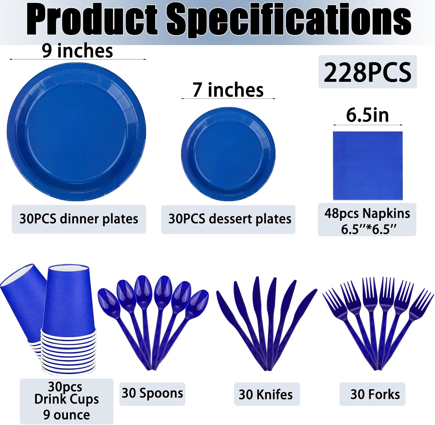 228PCS Blue Party Supplies Set Include Paper Plates Cups Blue Napkins Plastic Spoons Forks Knives for 30 Guests Disposable Party Dinnerware for Birthday Wedding Family Picnic