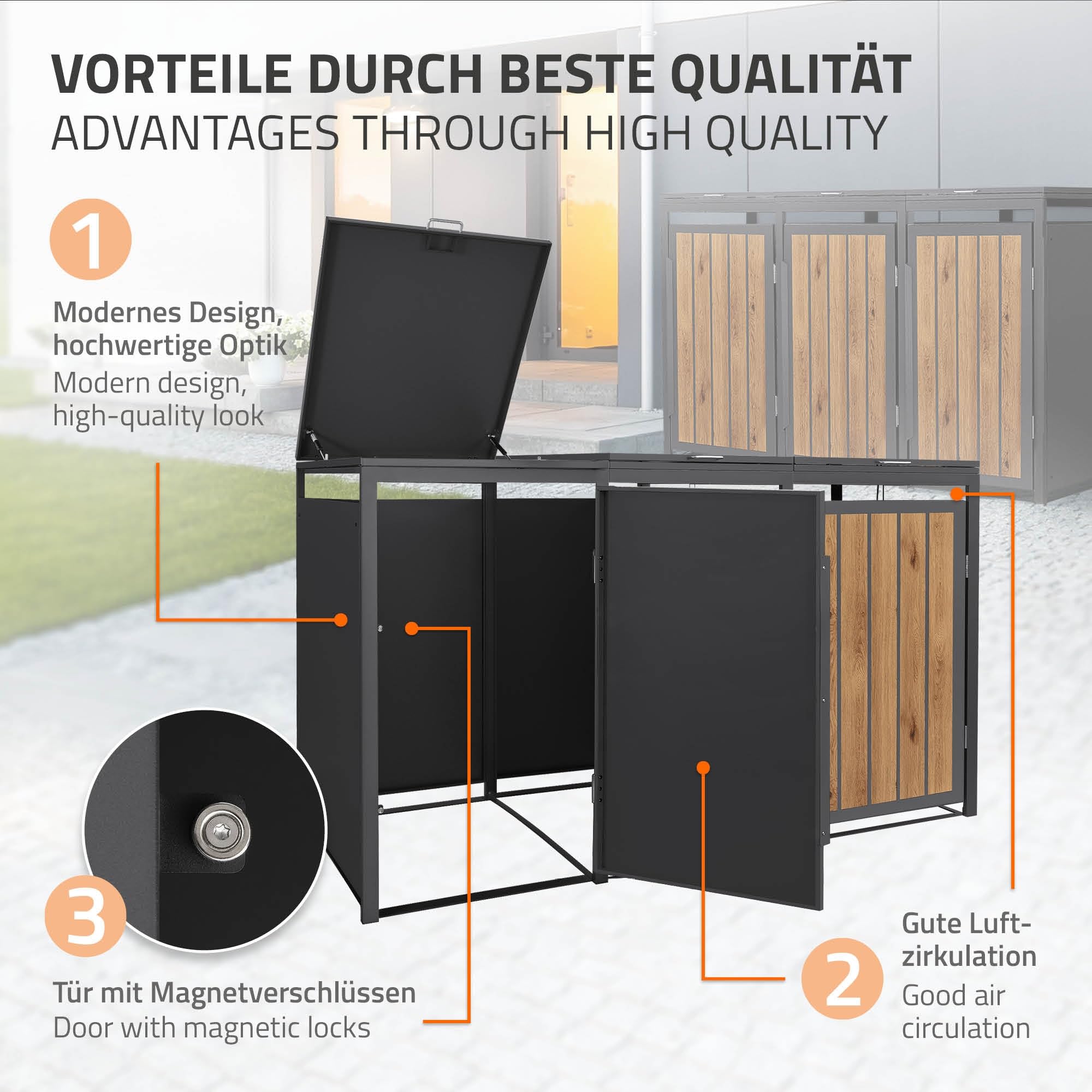 ML-Design Mülltonnenbox 3er 240L, Mülltonnenverkleidung für 3 Mülltonnen, Müllbox wetterfest, Mülltonnenhaus aus Stahl, Müllcontainer mit Klappdeckel & Tür, Gerätebox 196x80x120 cm Anthrazit-Holzoptik
