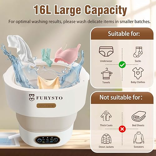 Miniatura 4 de FURYSTO - Lavadora portátil, mini lavadora de 16 litros con cesta giratoria, 3 modos de limpieza adecuados para ropa interior, ropa pequeña de bebé,