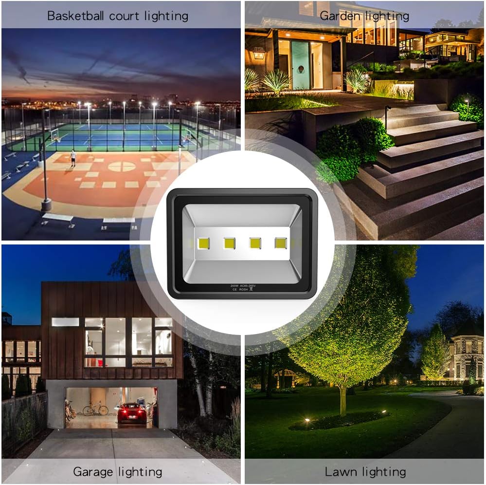 200W LED Flood Lights 6000K Daylight White Lighting Fixtures Super Bright 20000lm Outdoor Security Lights IP66 Waterproof 110-285V Commercial Industrial Lighting Fixtures
