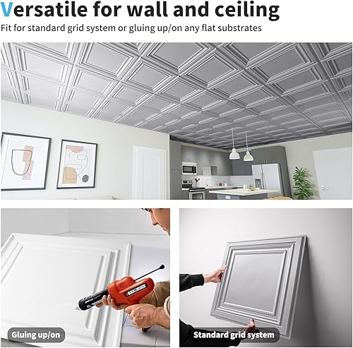 Miniatura 7 de Art3d Azulejos de techo de PVC, hoja de plástico de 2 x 2 pies en plata argente (paquete de 12)