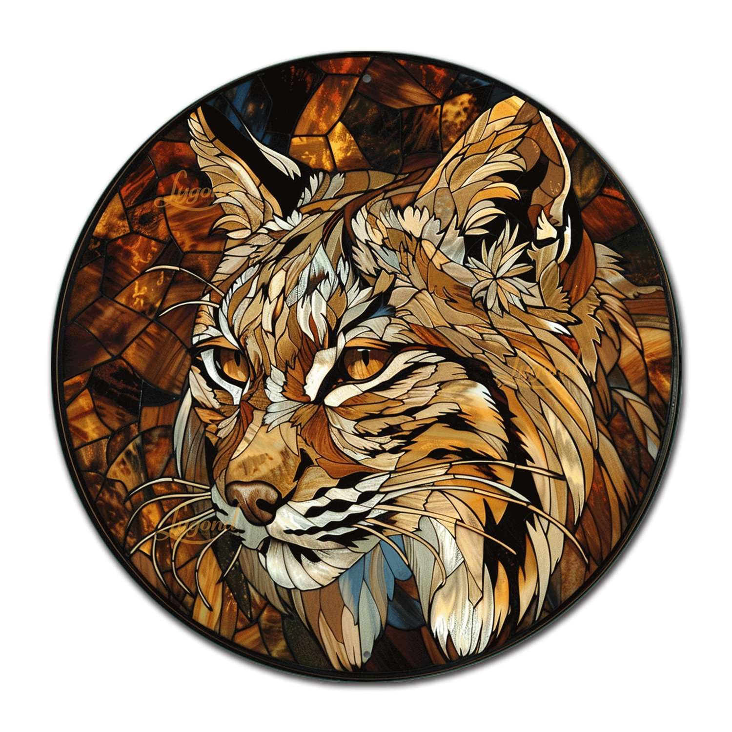 Lygond Metal Sign Tin Sign Circular Stained Glass Bobcat Signs for Garden for Patio 12×12 Inches