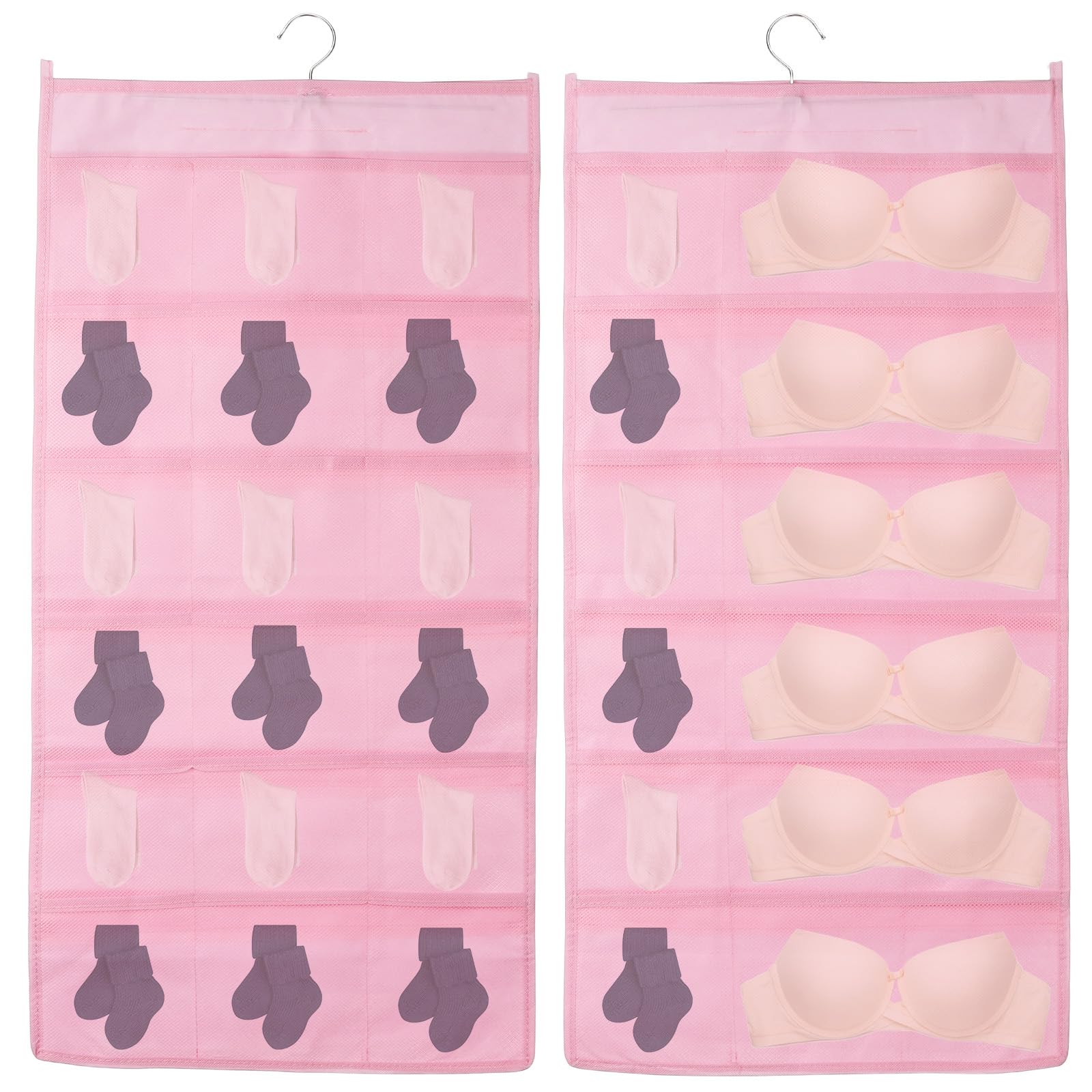 Hanging Closet Organizer, Bra Storage Hanging Bag Double-Sided Shelves for Underwear Socks Closets Bedroom Bathroom, Pink (12+18 Pockets)