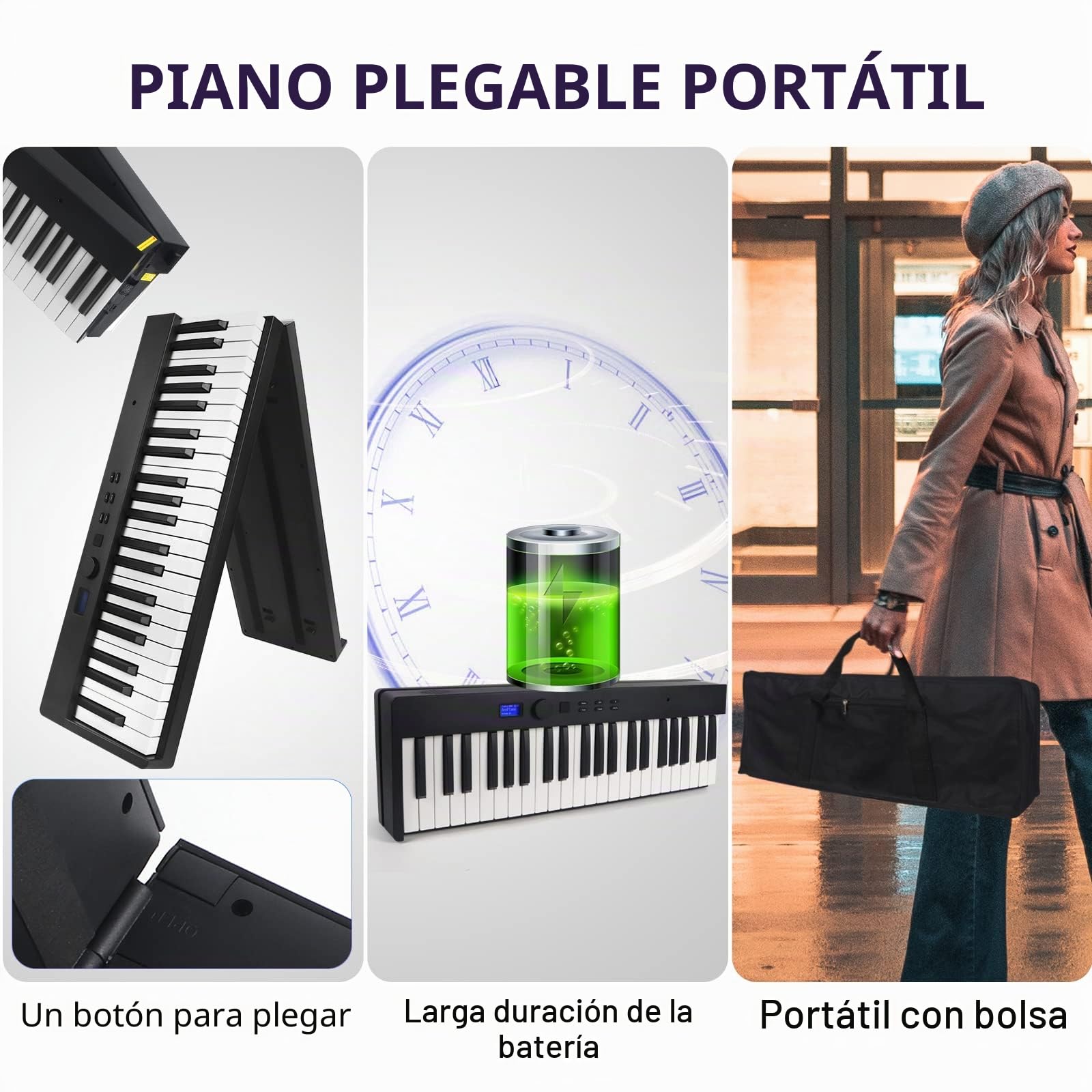 Teclado de piano plegable Kime, teclado eléctrico Piano 88 teclas Teclado plegable de piano digital semiponderado con pedal de sustain Bluetooth MIDI, cartera de música, bolsa de transporte