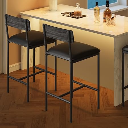 Amyove Bar Stools Set of 2, Upholstered Bar Chairs with Back, 25.5 Inches Kitchen Bar Stools with Footrest, Thick Cushion, Counter Height Barstools for Island, Counter Bar, Easy Assembly, Rustic Grey