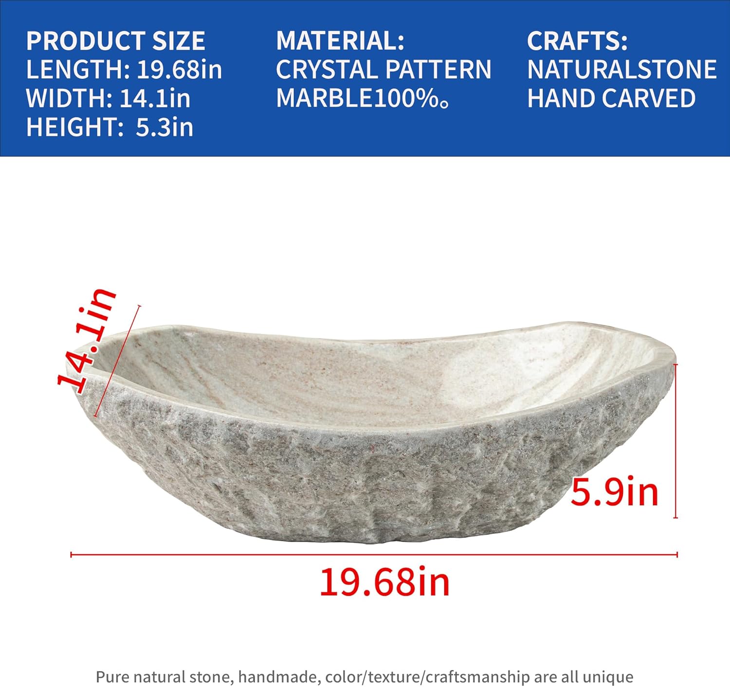 Generic Chiseled Stone Bathroom Vessel Sink - Oval Canoe Shape - 100% Natural Marble, Hand Carved Stone Vessel Sink ，Bathroom Sinks Above Counter ，Farmhouse Bathroom Sink, 14*19.5*6in, White