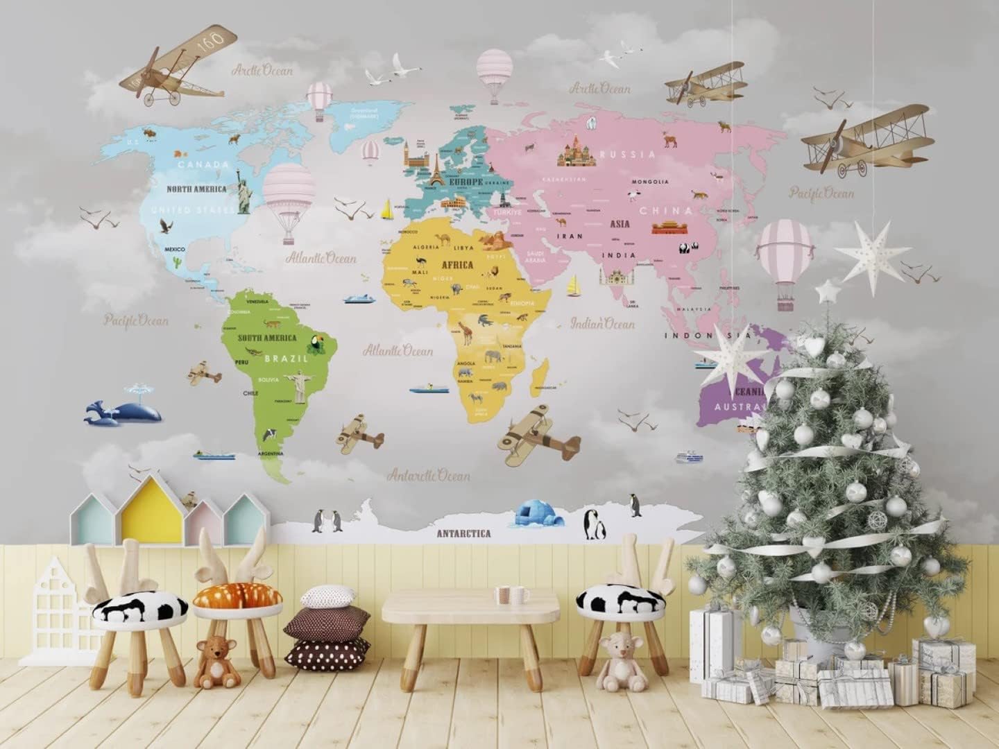 Colorful Continents World Map on Foggy Cloudy Background Peel and Stick Wallpaper Wall Removable 100''H x 150''W