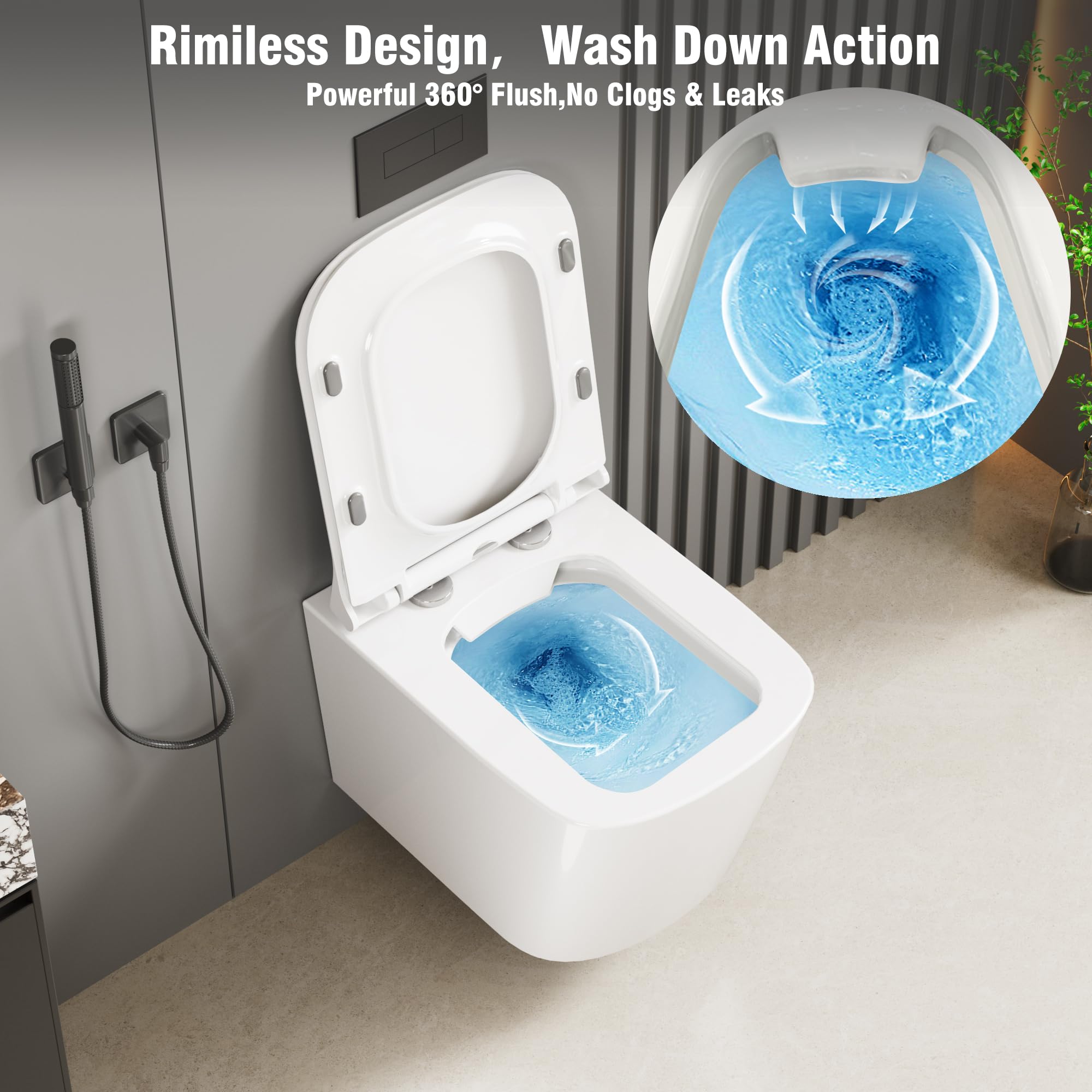 WC sospeso commerciale senza brida in ceramica – Scarico silenzioso ed efficiente – Sedile D-Shape 51 cm con chiusura rallentata e coprivaso rimovibile – Bianco