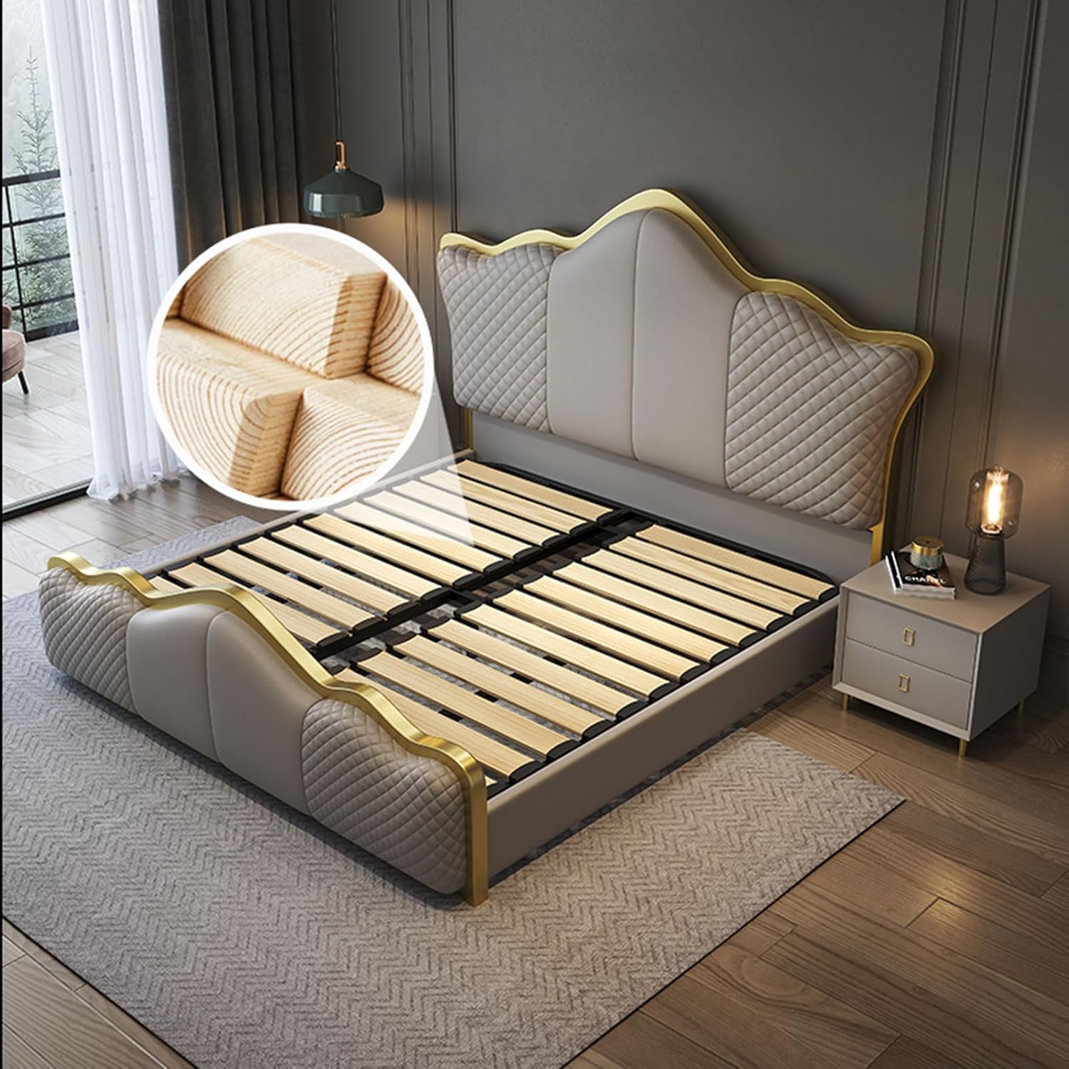 Modern Light Luxury Leather Queen Size Platform Bed Ergonomic Upholstered Headboard Noise-Free Grey