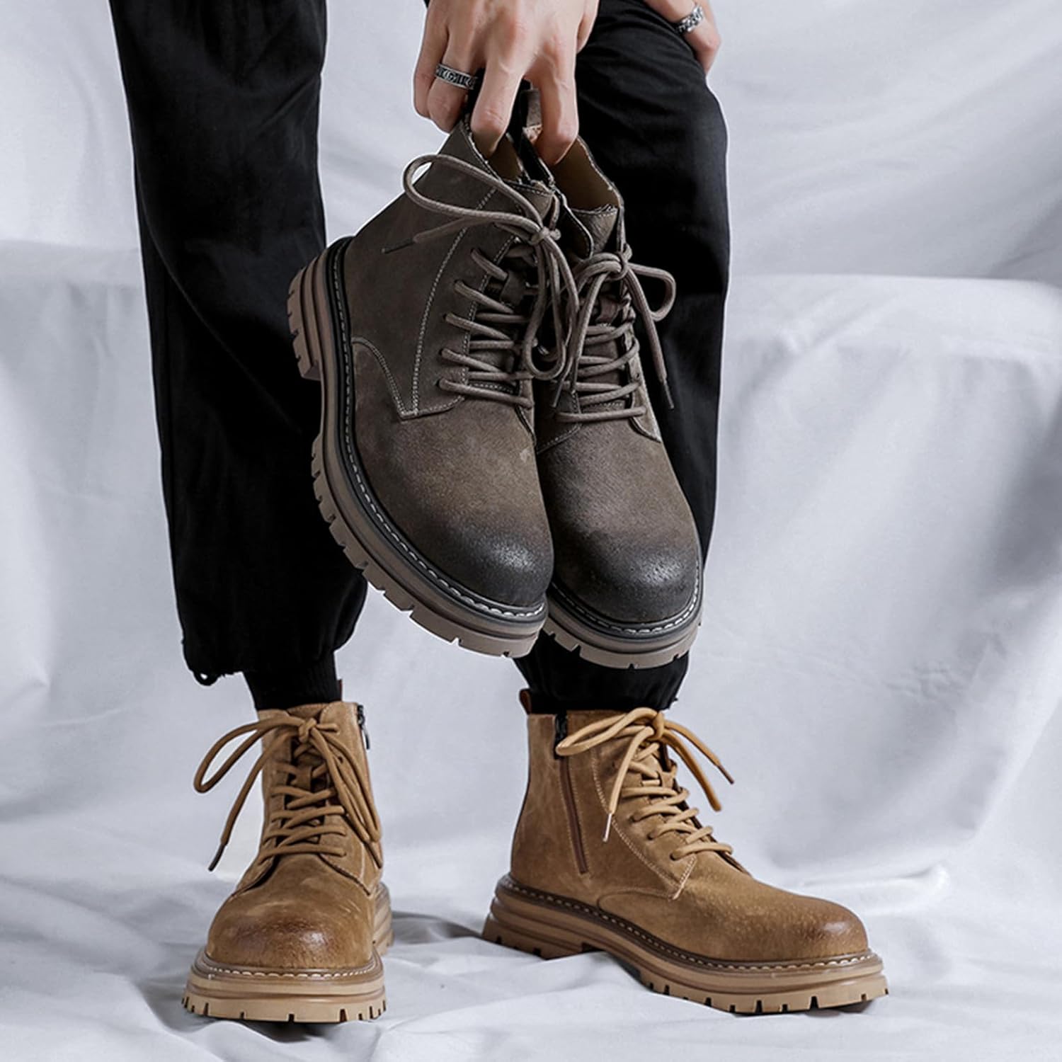 Men's Handmade Genuine Leather Lace-Up Motorcycle Combat Boots Comfortable Round Toe Side Zipper Non-Slip lug sole Dress Ankle Boots