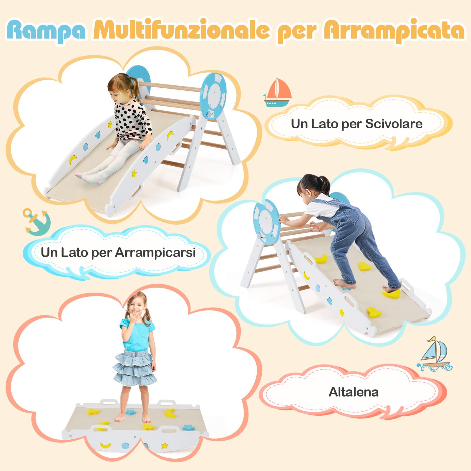 RELAX4LIFE Set da Arrampicata per Bambini, Triangolo di Arrampicata con Scivolo e Arco, Gioco di Incastri in Legno, Gioco Montessori per Bambini 1+ Anni (Marinaio-3 Pezzi | Bianco)