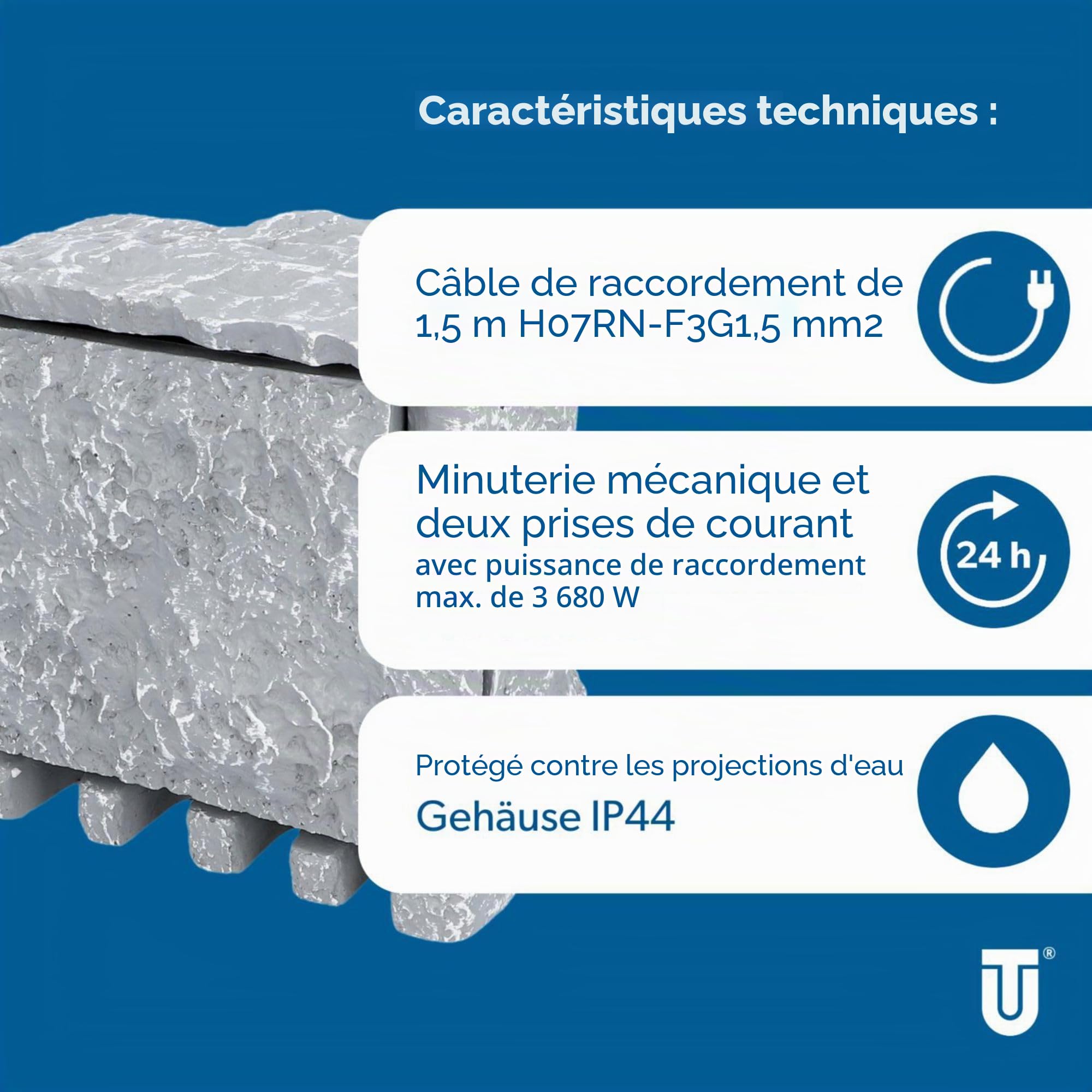 Unitec 44244 Steckdosenverteiler façon pierre avec 2 prises et minuterie