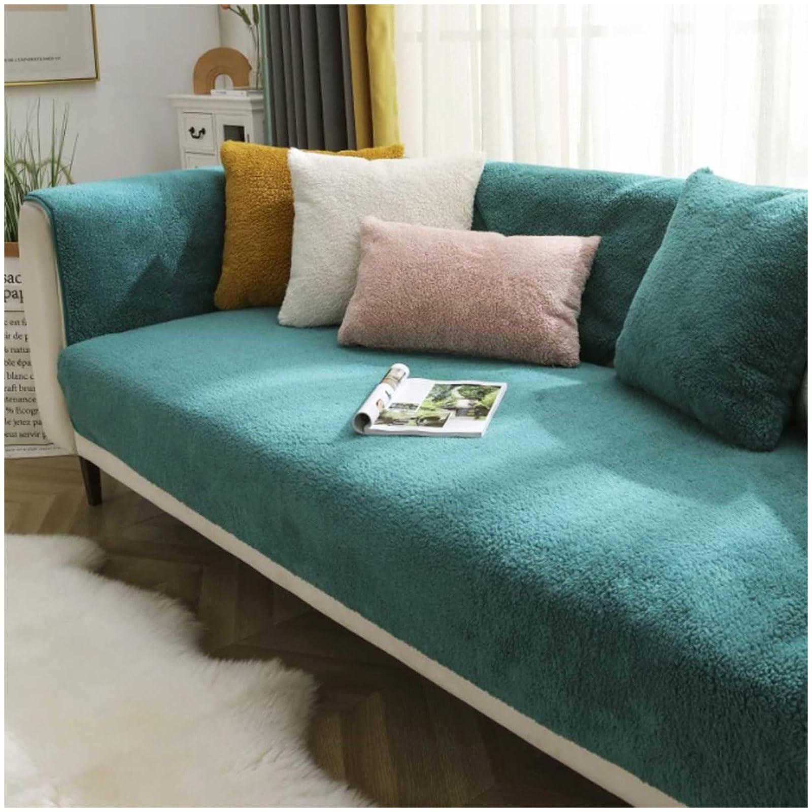 BDMFJY Thick Lambswool Fuzzy Sofa Cover 1 2 3 Seater, 2024 New Universal Non-Slip Corner Sofa Cover L Shape Super Soft Faux Fur Sofa Slipcovers for Living Room,Green,90x70cm